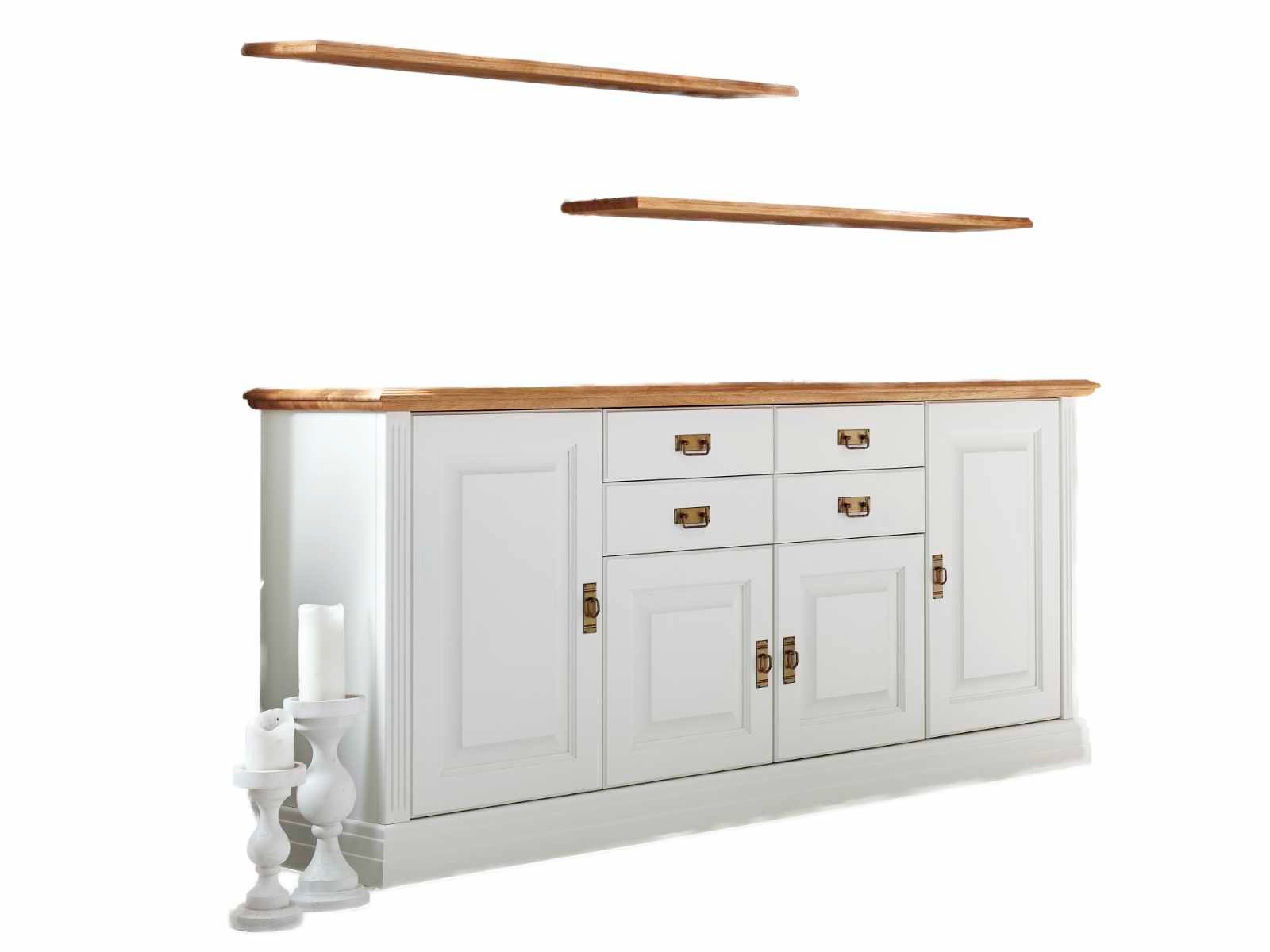 Casamia Sideboard Sideboard Set Anrichte Novara 4-türig mit 2 Wandregalen weiß massiv