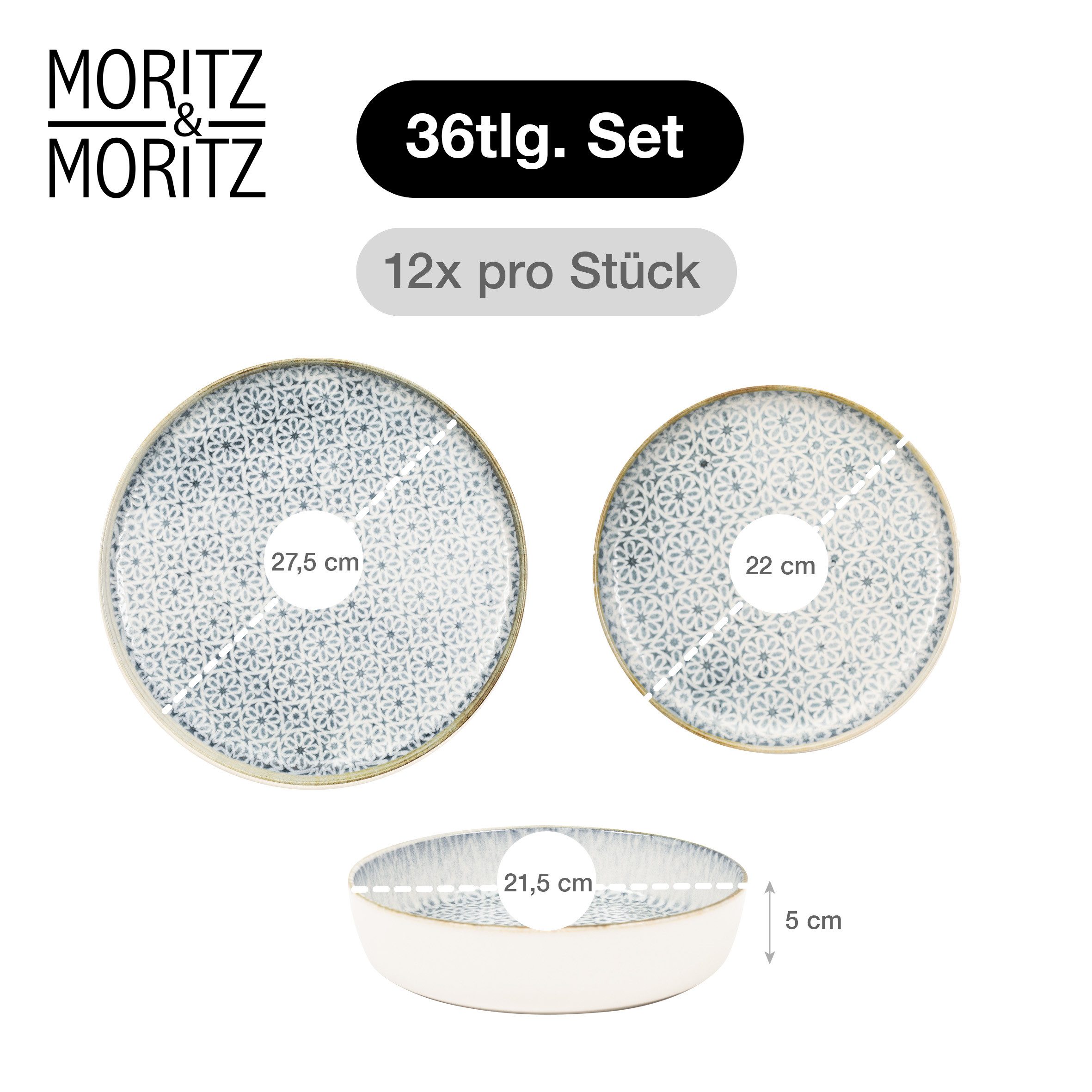 Moritz & Moritz Kombiservice ALHAMBRA Geschirrset Blau (36-tlg), 12 Personen, Porzellan, Spülmaschinengeeignet & Mikrowellensicher