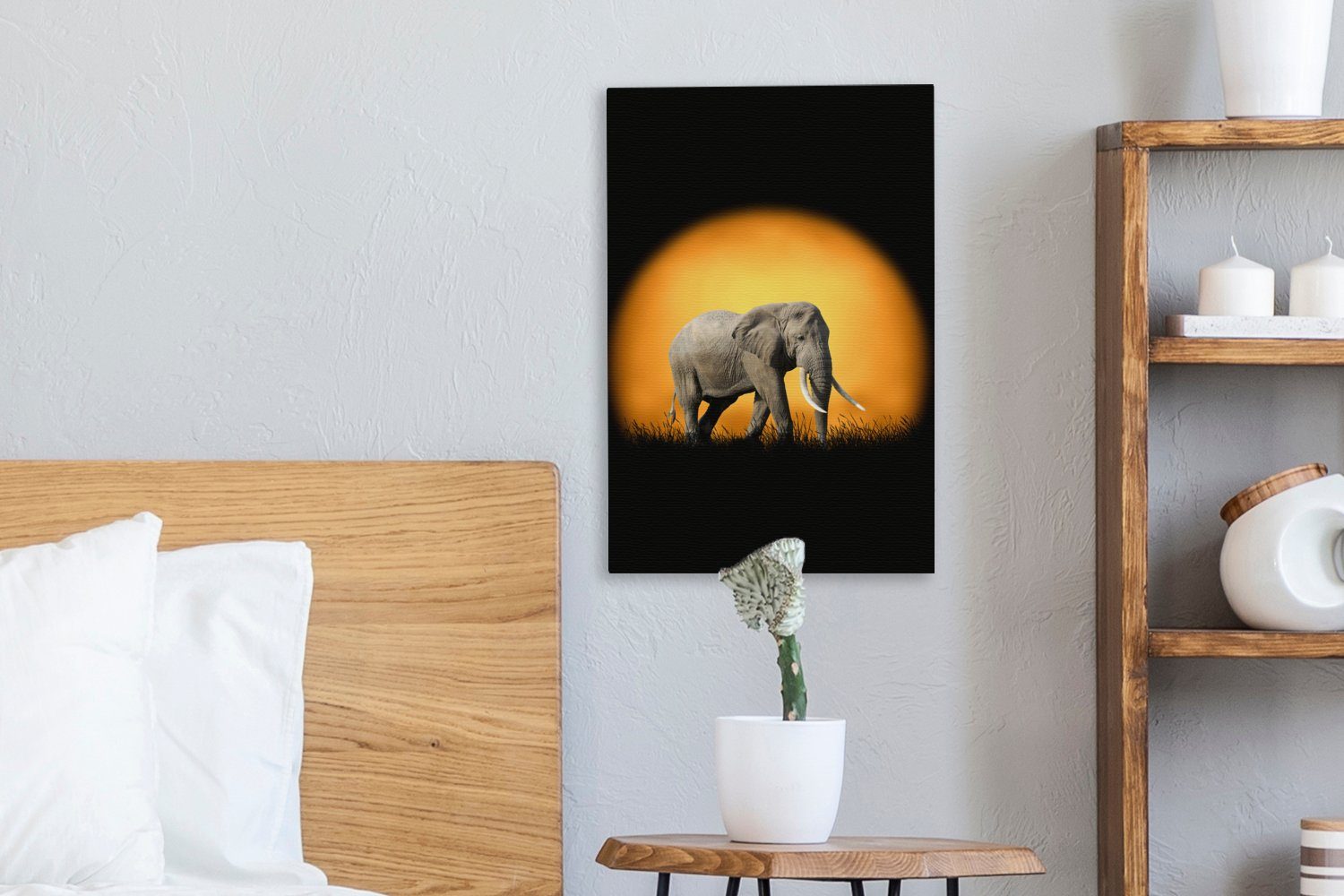 - Elefant fertig Zackenaufhänger, - (1 St), Leinwandbild inkl. Leinwandbild Orange, 20x30 OneMillionCanvasses® bespannt Gemälde, cm Sonne