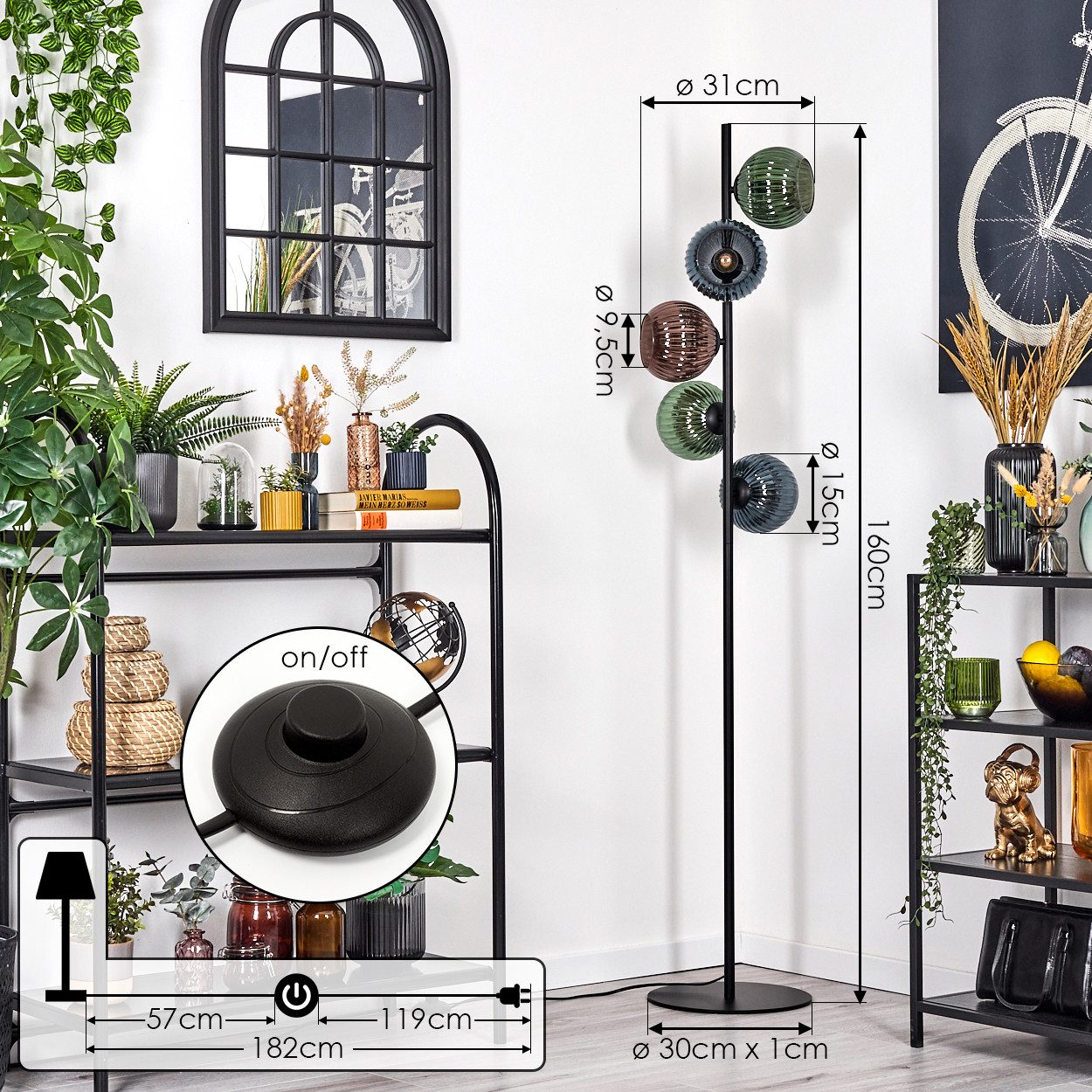 hofstein Stehlampe Stehlampe aus Metall/Riffelglas in Schwarz/Grün/Blau/Kupfer, E14, ohne Leuchtmittel, Stehleuchte im Retro-Design mit Glasschirmen u. Fußschalter (15 cm)