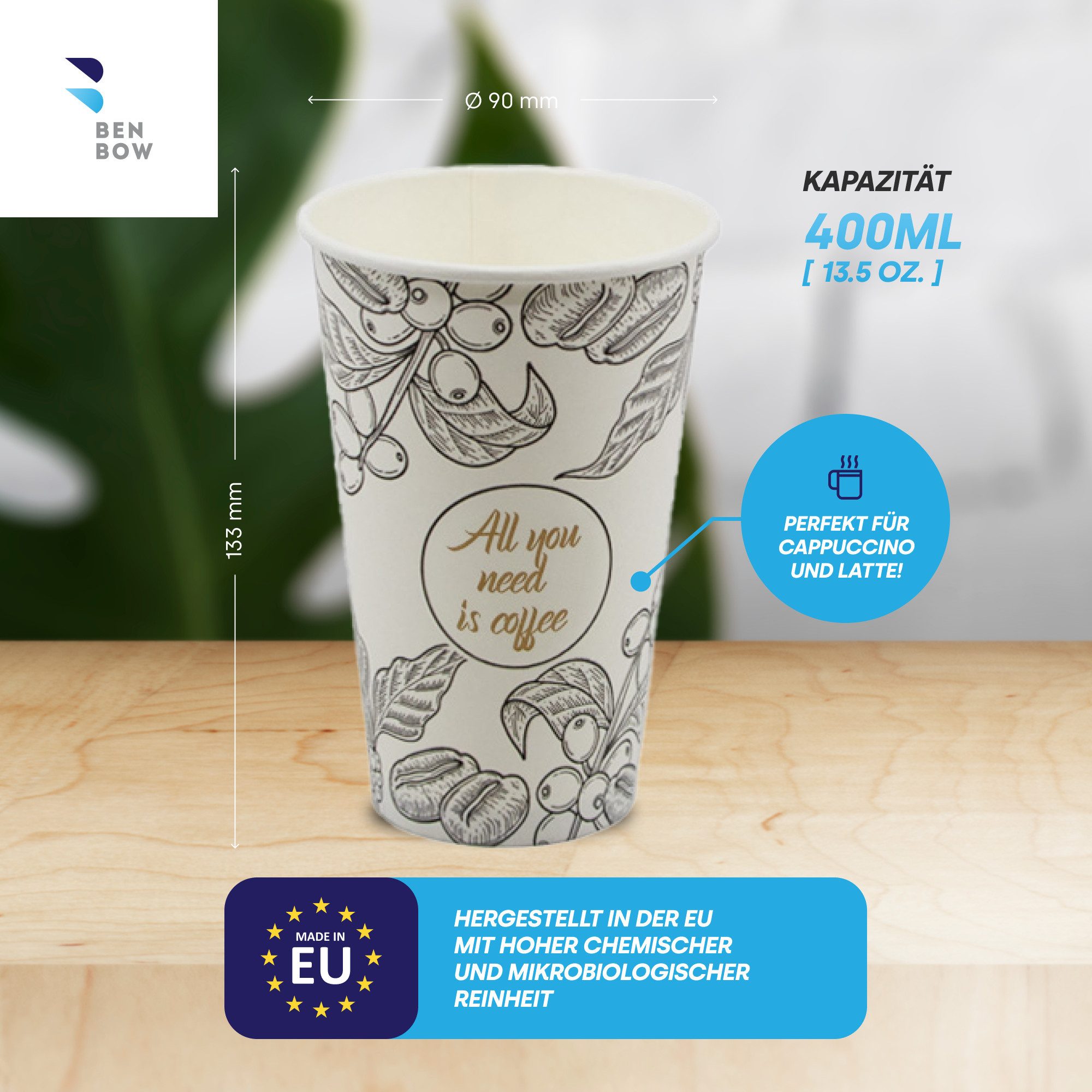BENBOW Einwegbecher BenBow Kaffeebecher - 180 ml/250 ml/300 ml/400 ml - Einwegbecher, 600-tlg., Beschichteter Karton, BenBow Kaffeebecher 400 ml x 600
