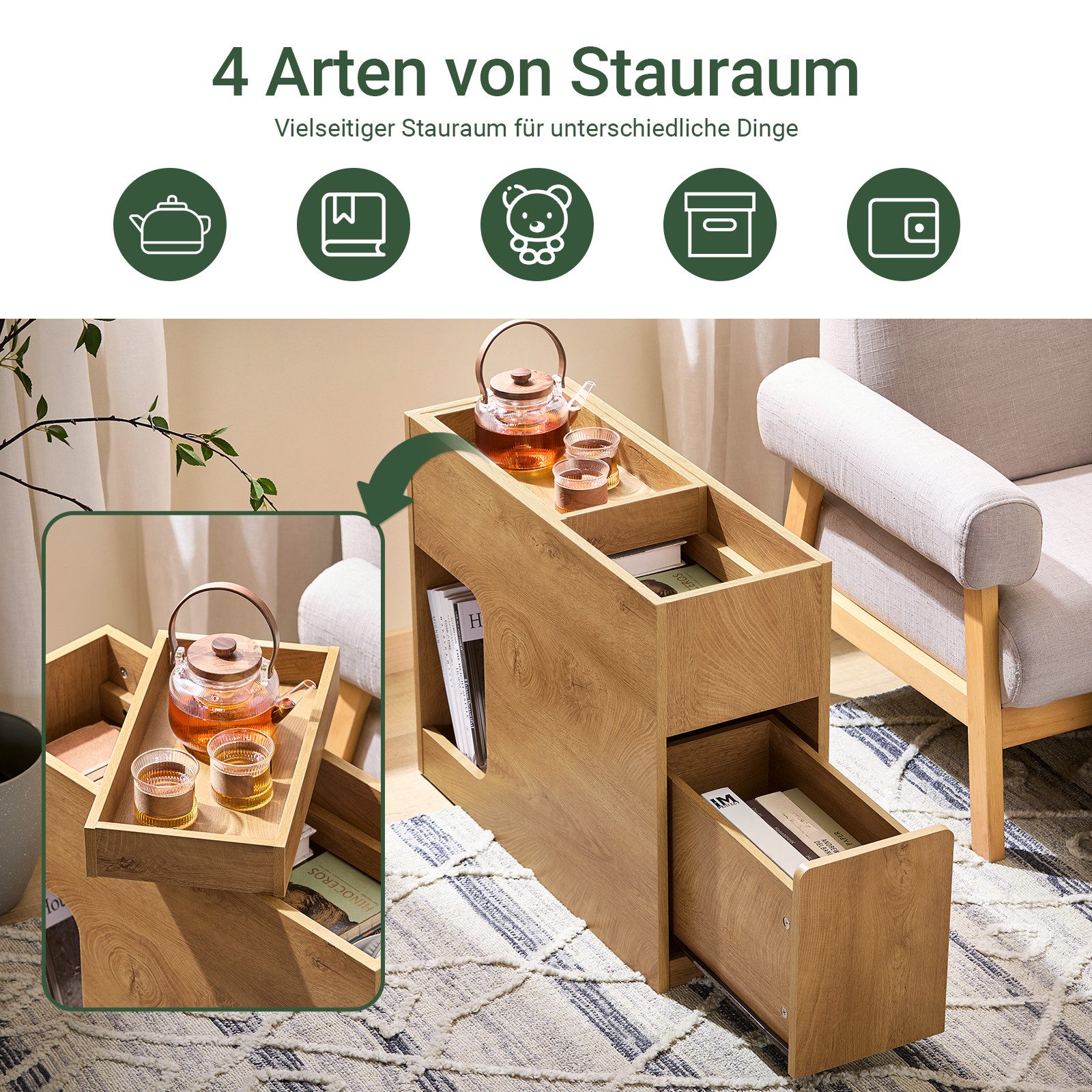 SoBuy Nachttisch FBT158, Beistelltisch Nachttisch, Aufbewahrungsschrank mit Schublade, Sofatisch mit Abnehmbarem Tablett, 25cm Breit – Bild 4 von 5