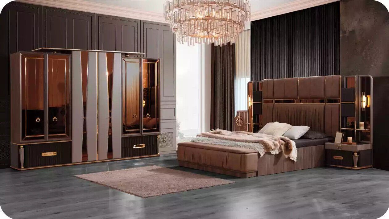 Bett Bettkasten Doppelbett Luxus Schlafzimmer-Set Schlafzimmer Made in (3-St., Beige, JVmoebel Nachttische), Set Garnitur 3tlg Bett/2x Europa