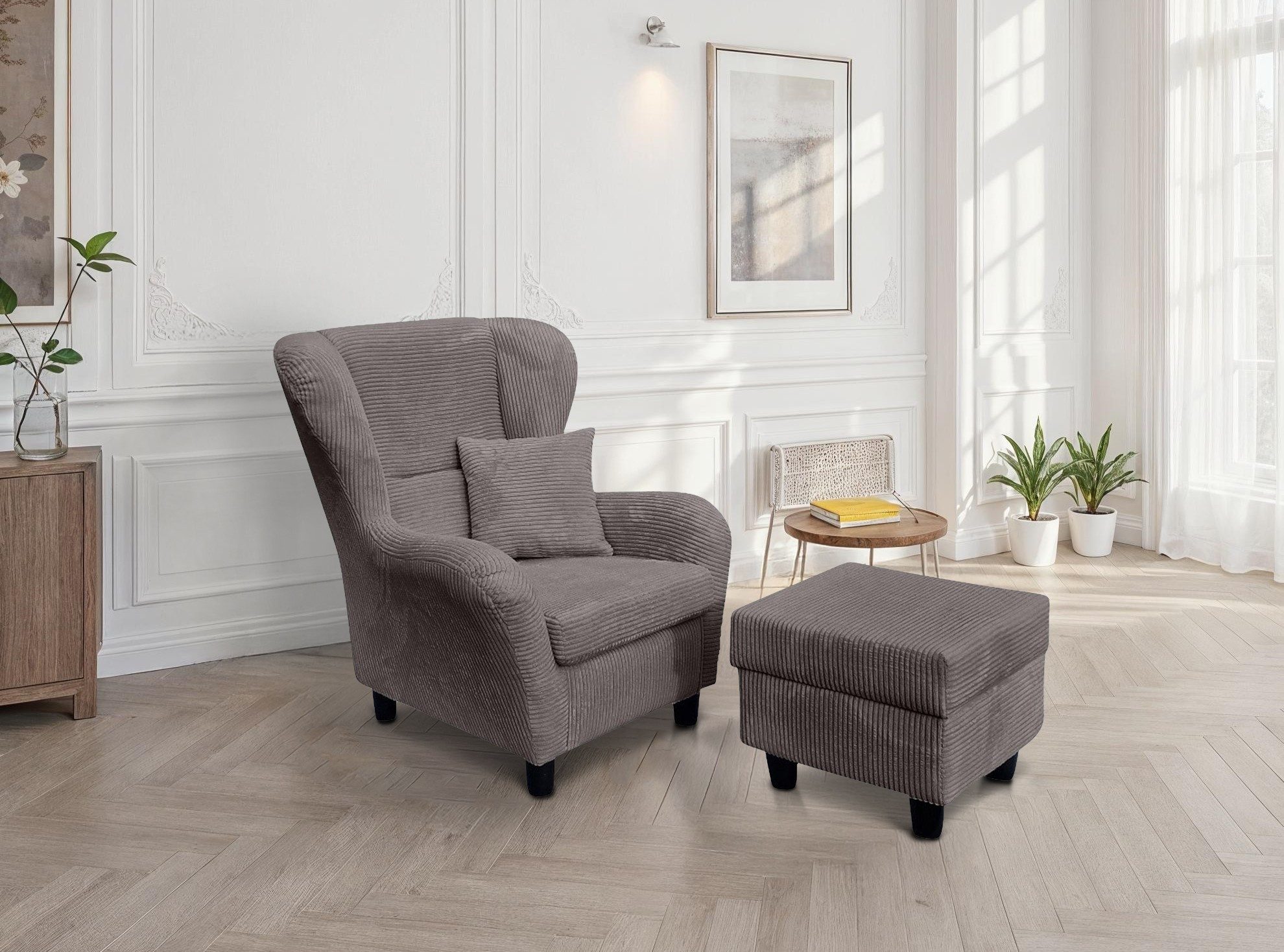 luma-home Ohrensessel 18019 (mit Hocker und Zierkissen, Wellenunterfederung, B90/H98/T76 cm), Lesesessel mit Echtholzfüßen, Bezug Cordstoff in Grau