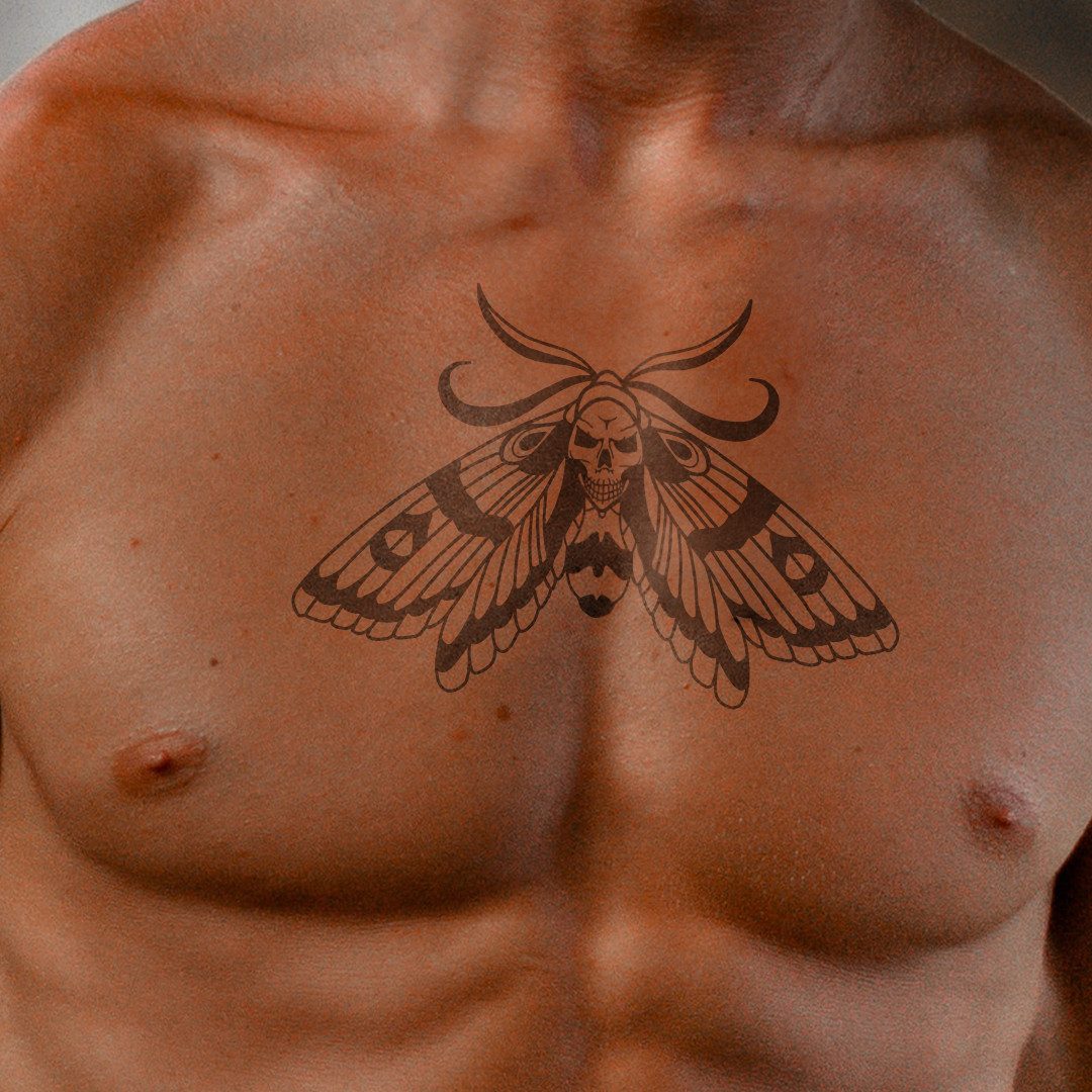 Inkster Schmuck-Tattoo Große Totenkopf Motte Tattoo, wasserfestes temporäres Tattoo, 2 Wochen Halt