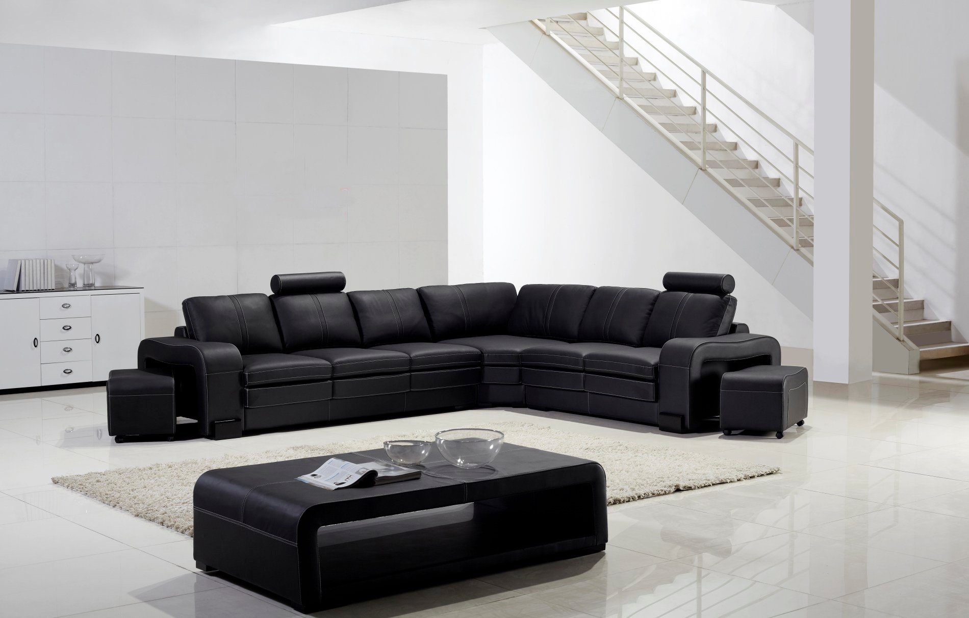 Sofa Moderne Hocker Couch Ecksofa Schwarz Komplette Couchtisch JVmoebel Ecksofa, + + Garnitur