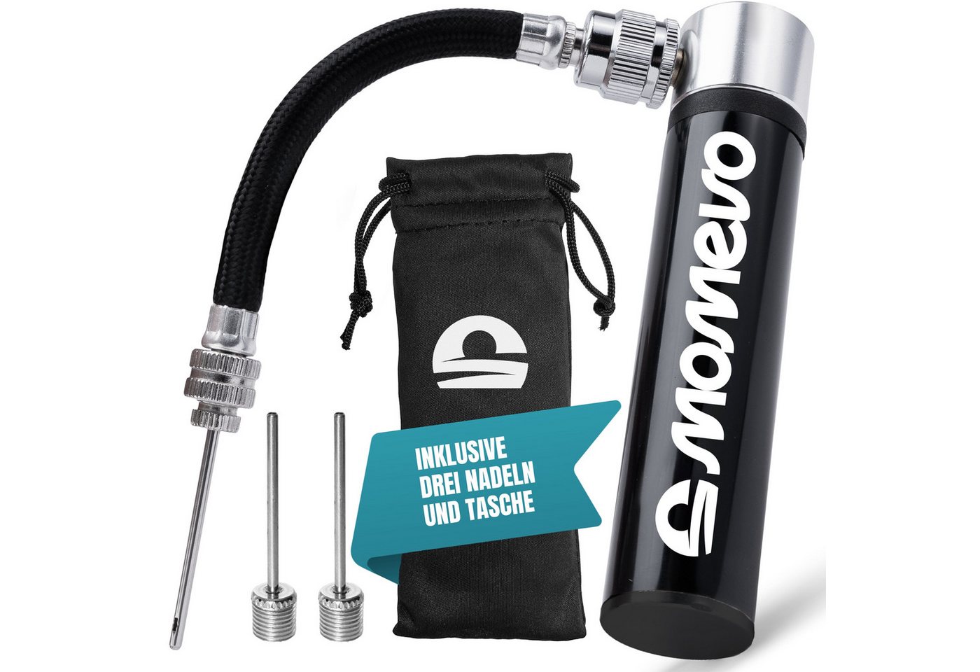 Momevo Handpumpe Kleine Aluminium-Ballpumpe für Fußball, alle Bälle, flexibler Schlauch, inklusive drei Nadeln