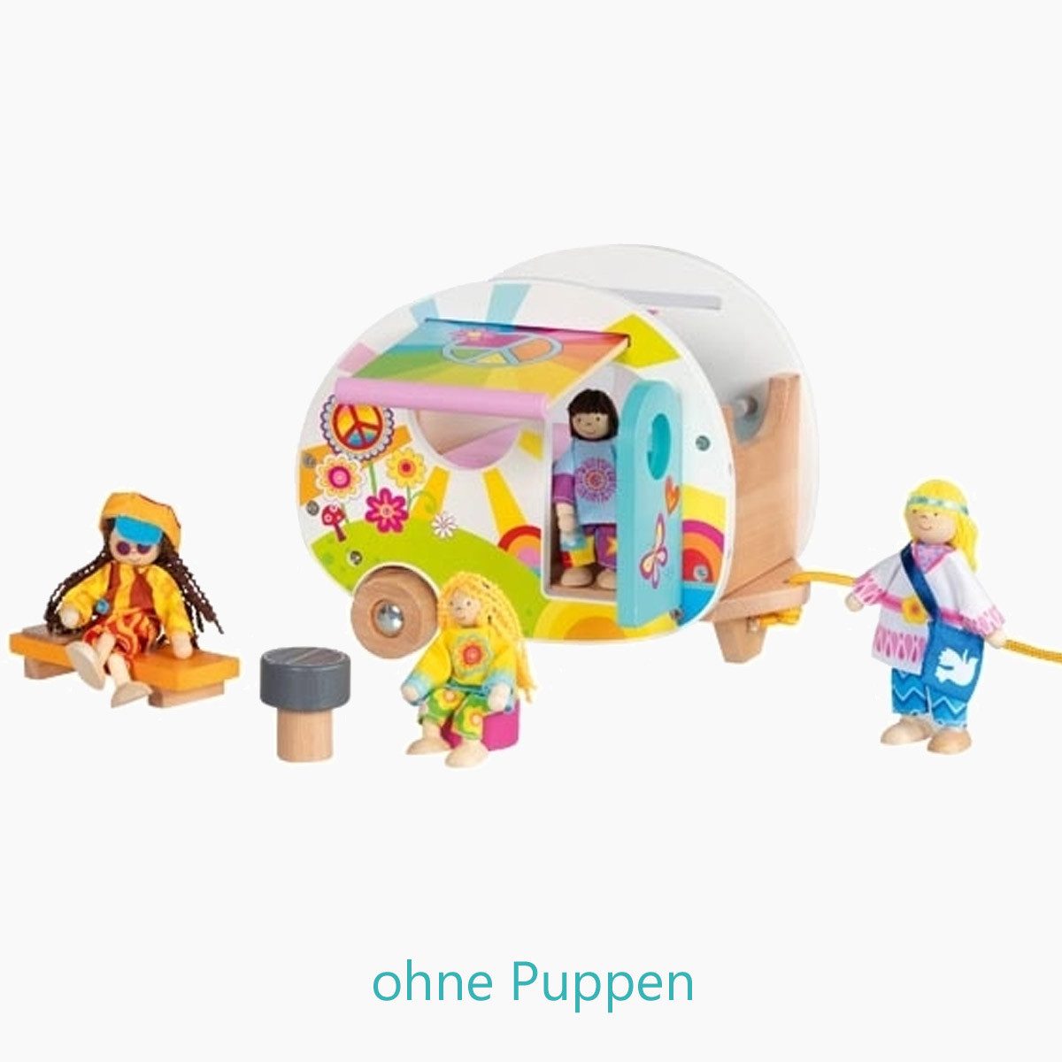 goki Puppenhaus Wohnwagen Camperfreude, (Packung, 4-tlg., set), Abnehmbares Dach viele Spielmöglichkeiten
