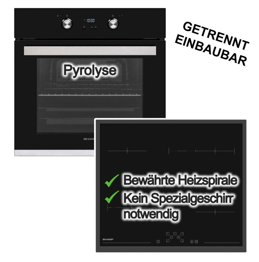 Sharp Backofen-Set Pyrolyse Schwarz 72 L + Glaskeramikkochfeld 60cm Bräterzone autark, mit Nein, Pyrolyse-Selbstreinigung