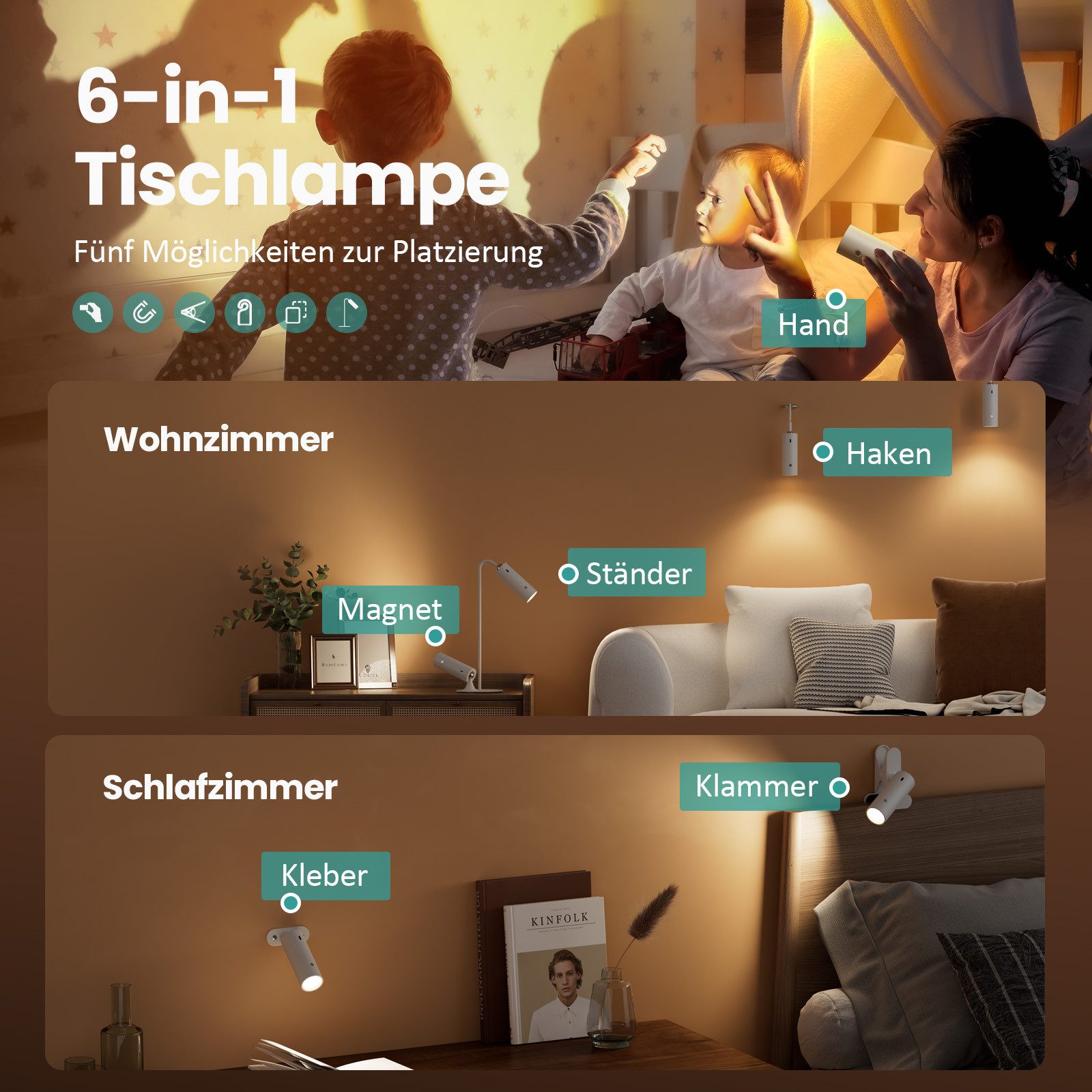 EMKE Nachttischlampe Tischlampe Schreibtischlampe 6-in-1 magnetische Wandleuchte, Dimmbar, LED fest integriert, Neutralweiß, Tagelichtweiß, Warmweiß, Abnehmbare Lichtquelle
