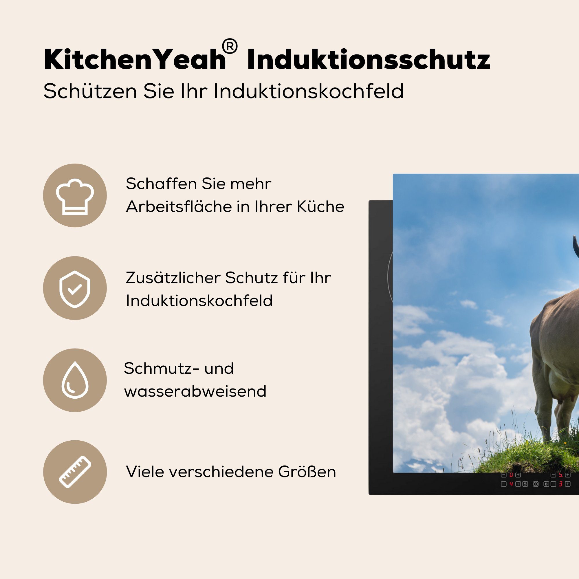 cm, Induktionskochfeld Vinyl, Gras - - 81x52 Kuh (1 Herdblende-/Abdeckplatte die küche, tlg), Alpen, MuchoWow Schutz für Ceranfeldabdeckung