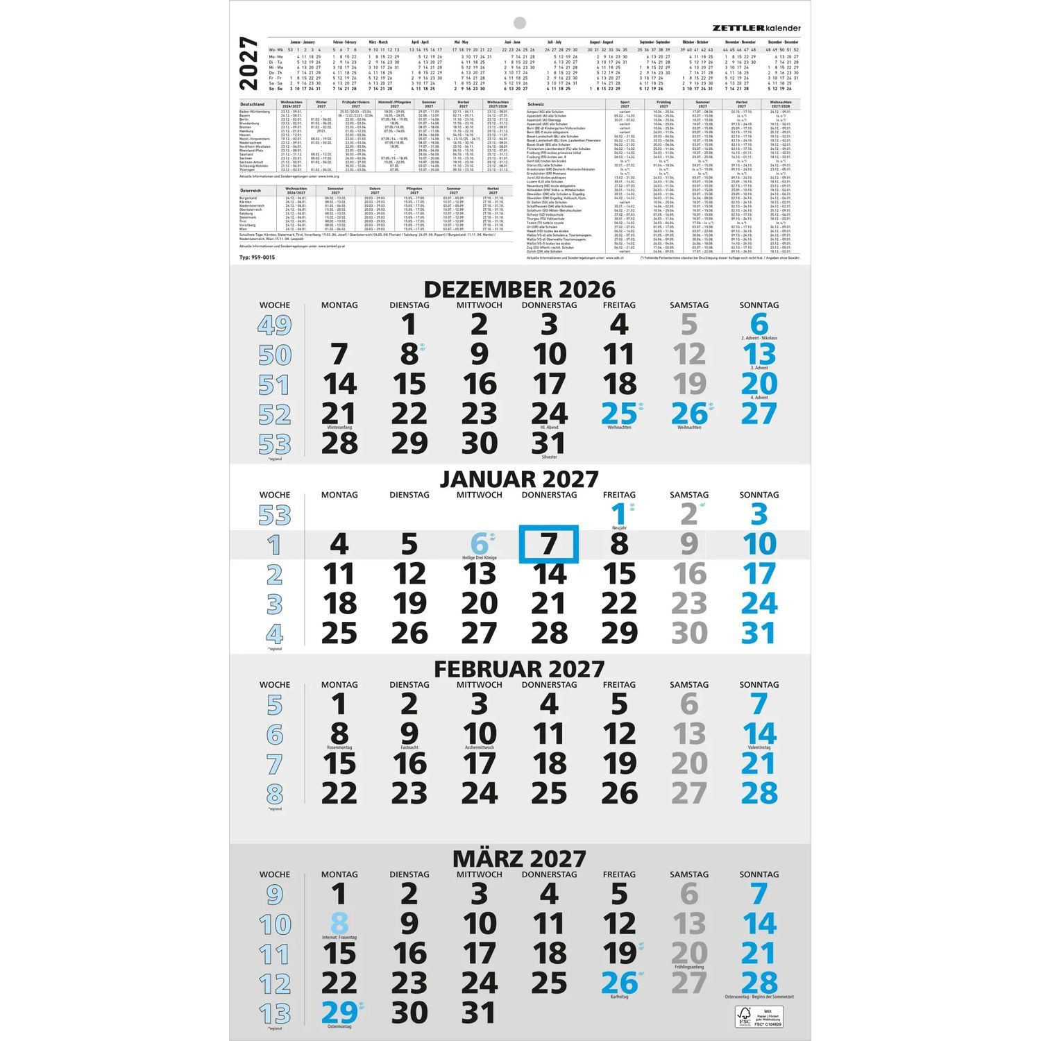 Wandkalender 4-Monatskalender blau 2027