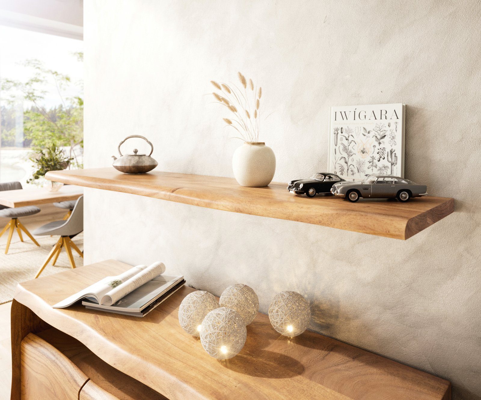 DELIFE Wandregal Live-Edge, Akazie Natur 145 cm Massivholz Baumkante Wandre günstig online kaufen