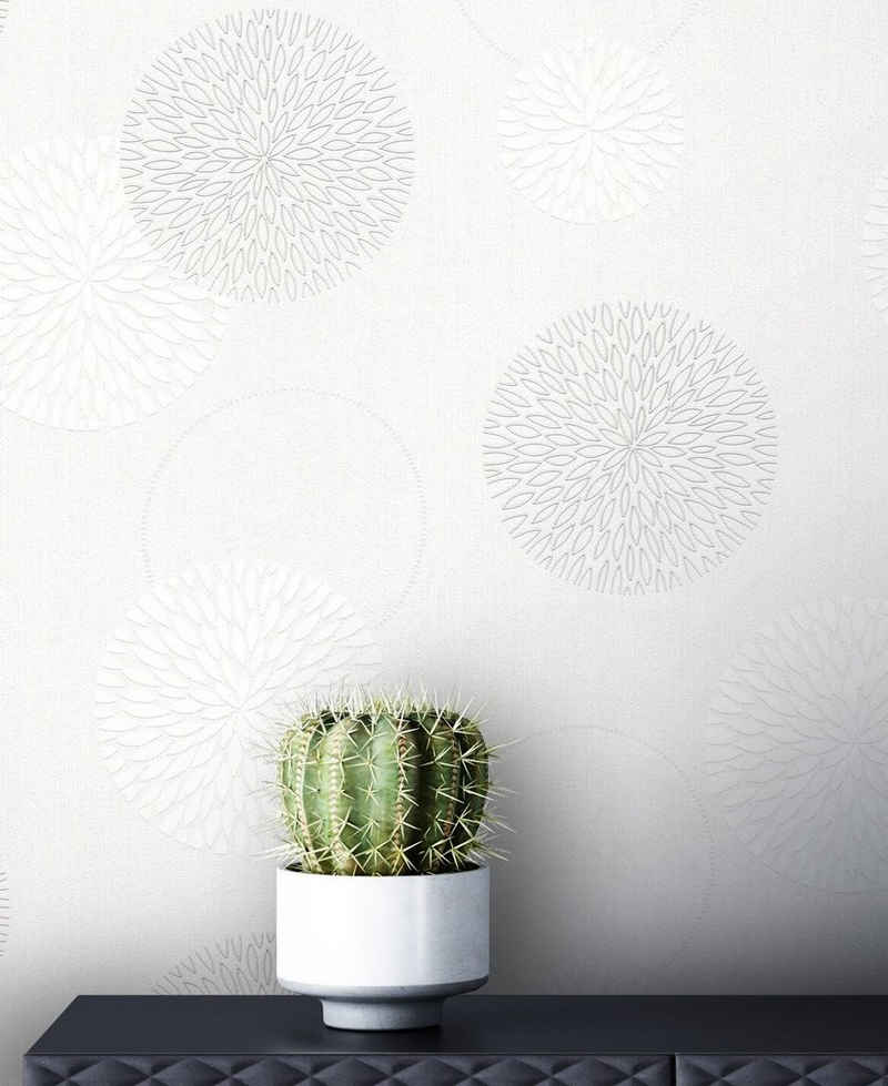 Newroom Vliestapete, Weiß Tapete Modern Kreise - Mustertapete Grau Grafisch Floral Blumen Muster für Wohnzimmer Schlafzimmer Flur