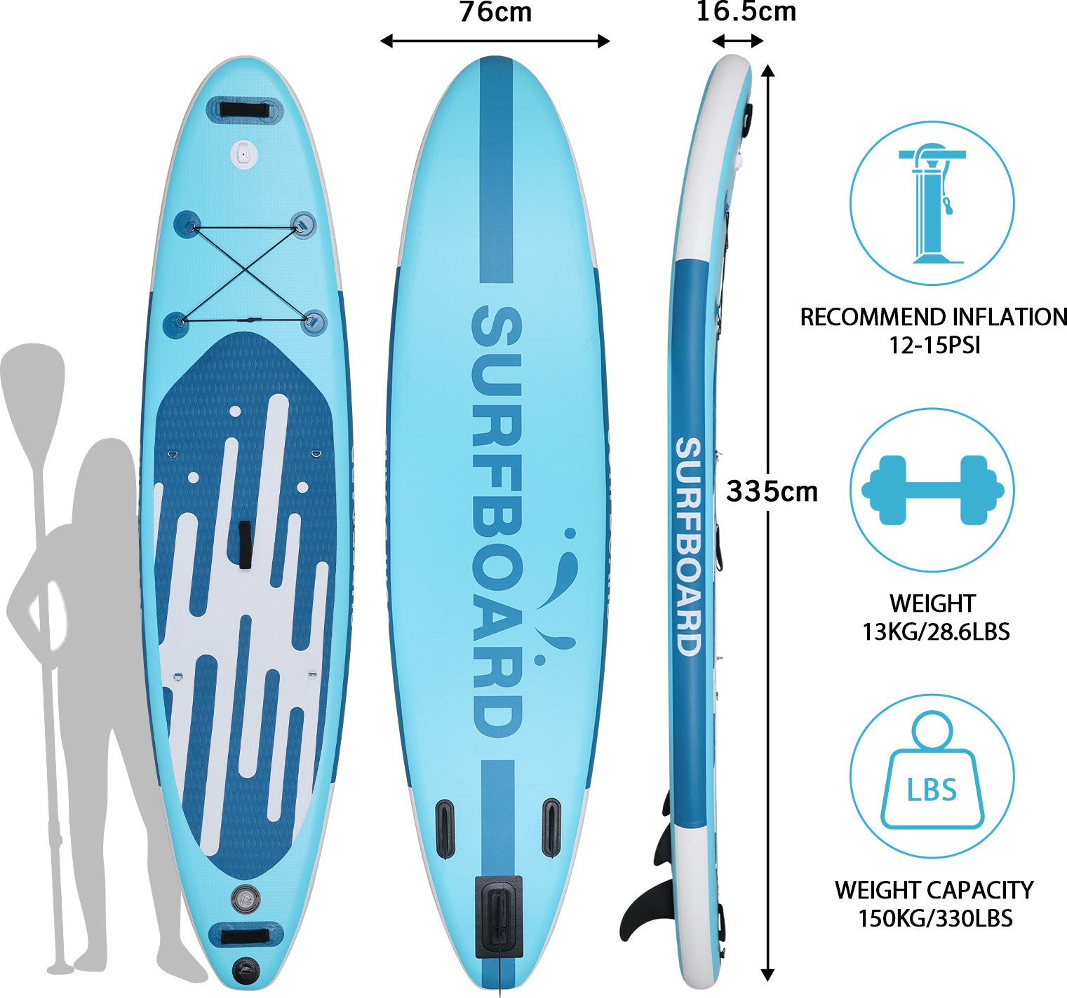 Puluomis Inflatable SUP-Board Set aufblasbar mit Halter, Sitz und Fußband, MB. bis 150Kg, 335/320cm, Surfbrett Paddling Paddelboard
