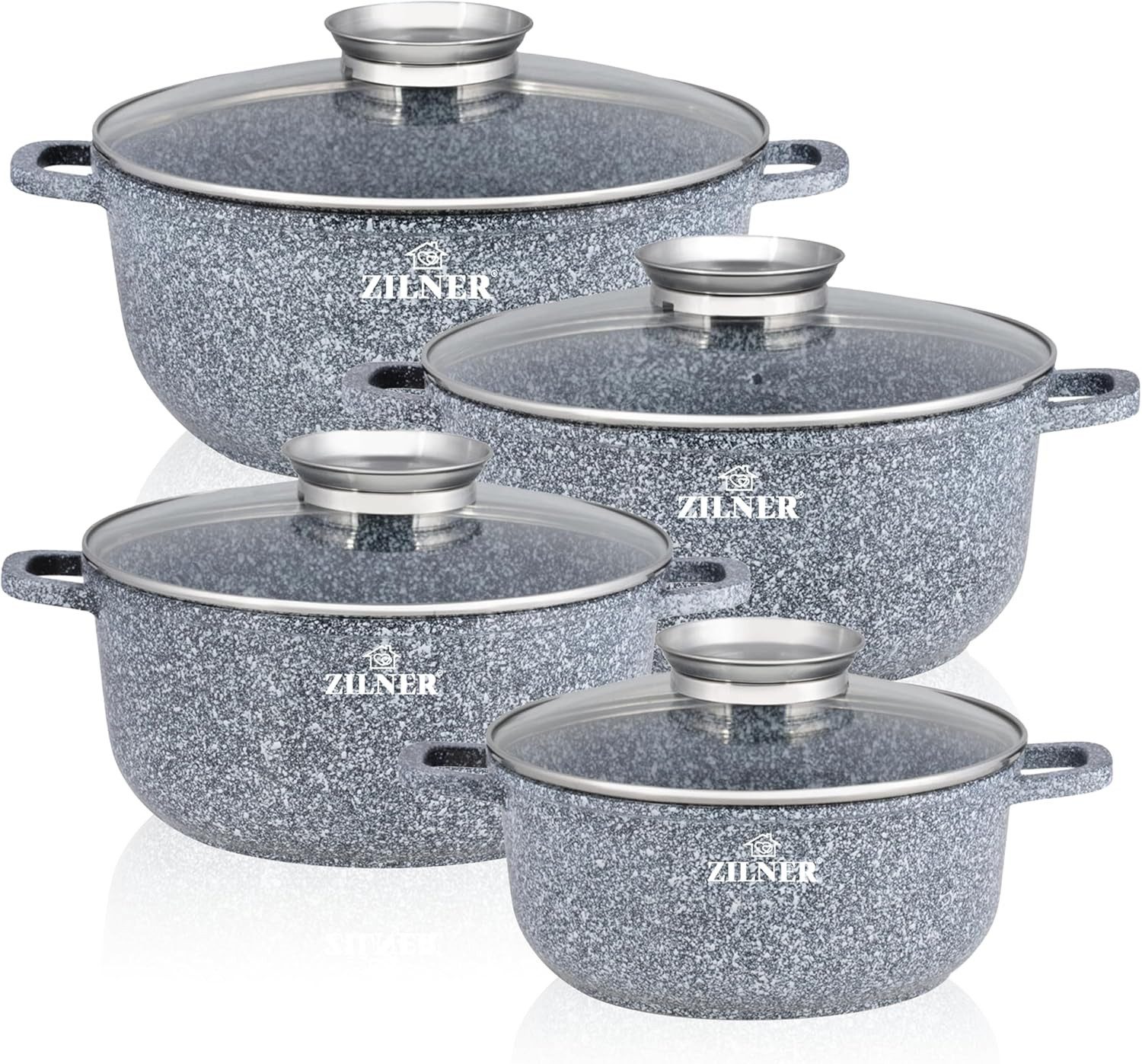 Zilner Topf-Set Graue Töpfe mit Keramik-marmorbeschichtung, Induktionstöpfe, Aluminiumguss (Topfset, 8-tlg., Zeitloses Design des Topfsets. Eine ideale Geschenkidee)
