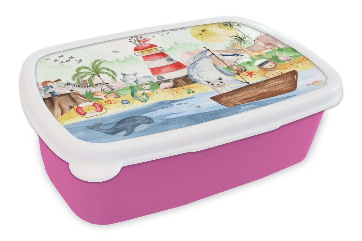 MuchoWow Lunchbox Strand - Tiere - Kinder - Leuchtturm - Jungen, Kunststoff, (2-tlg), Brotbox für Erwachsene, Brotdose Kinder, Snackbox, Mädchen, Kunststoff rosa