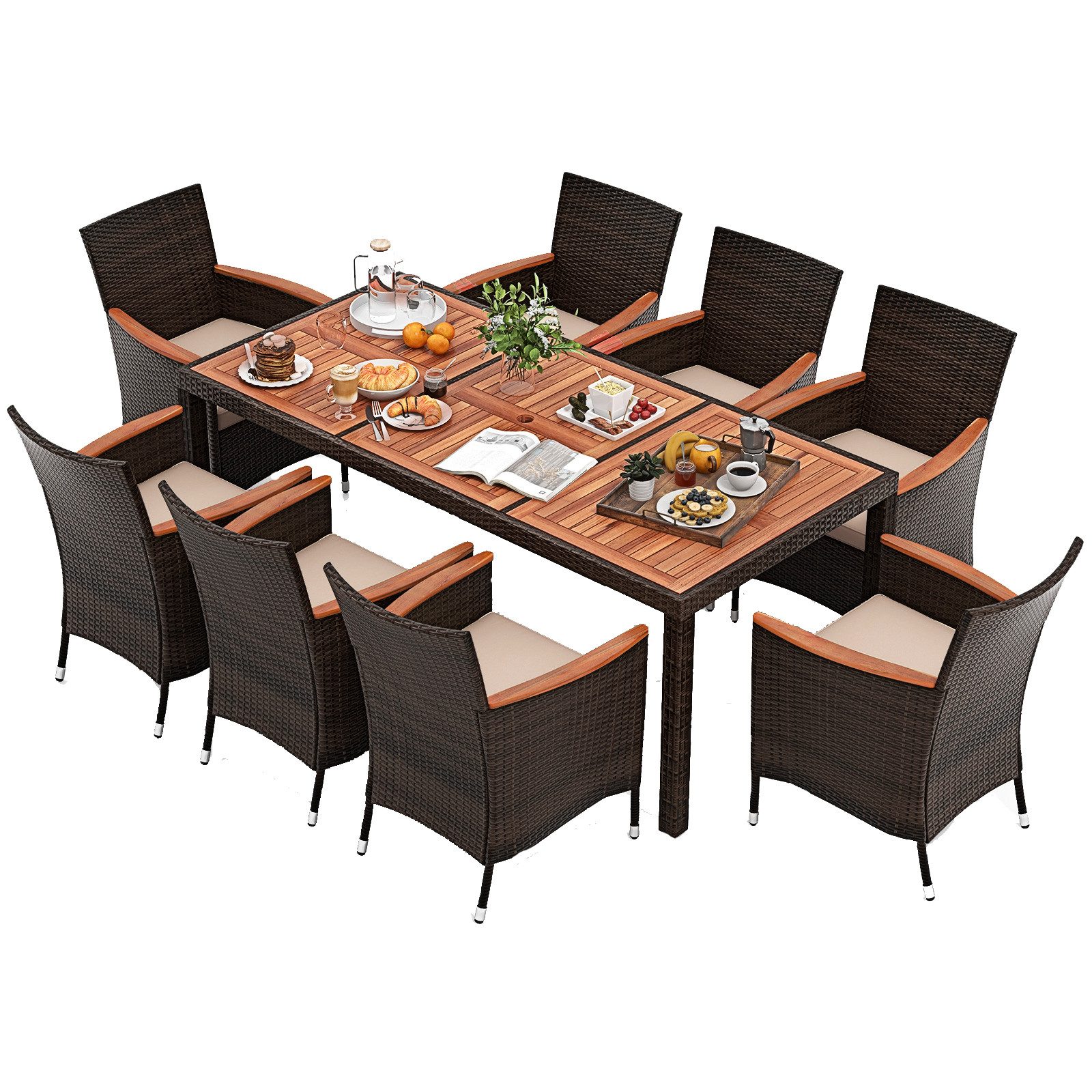 COSTWAY Garten-Essgruppe, 9-tlg, Rattan, Akazienholz, für günstig online kaufen