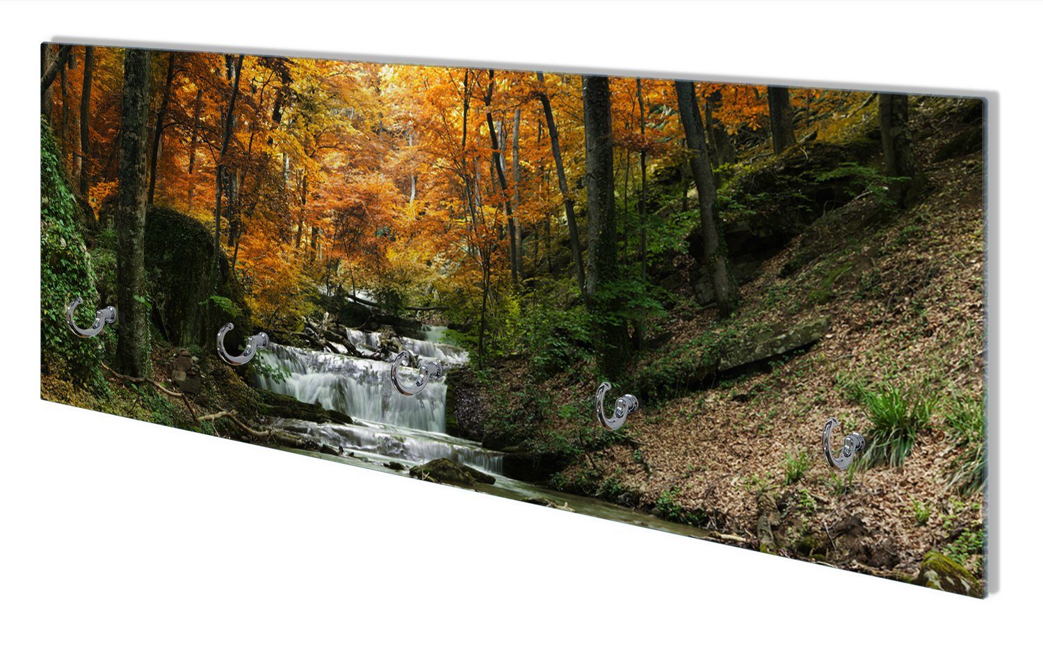 Wallario Wandgarderobe Kleiner Bach über Steine im Herbstwald (1-teilig, inkl. Haken und Befestigungsset), 80x30cm, aus ESG-Sicherheitsglas