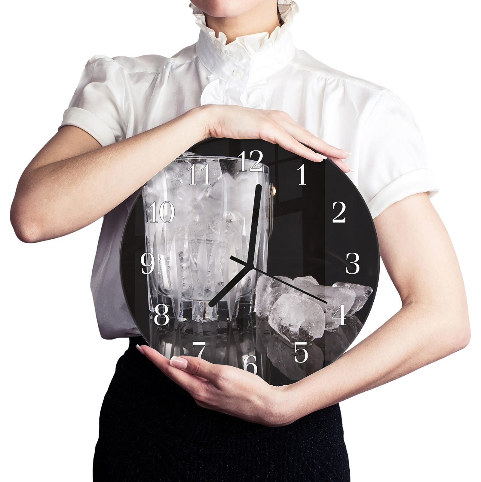 Primedeco Wanduhr Wanduhr aus mit im cm 30 Eiswürfel Glas Durchmesser Quarzuhrwerk Glas Motiv mit und - Rund