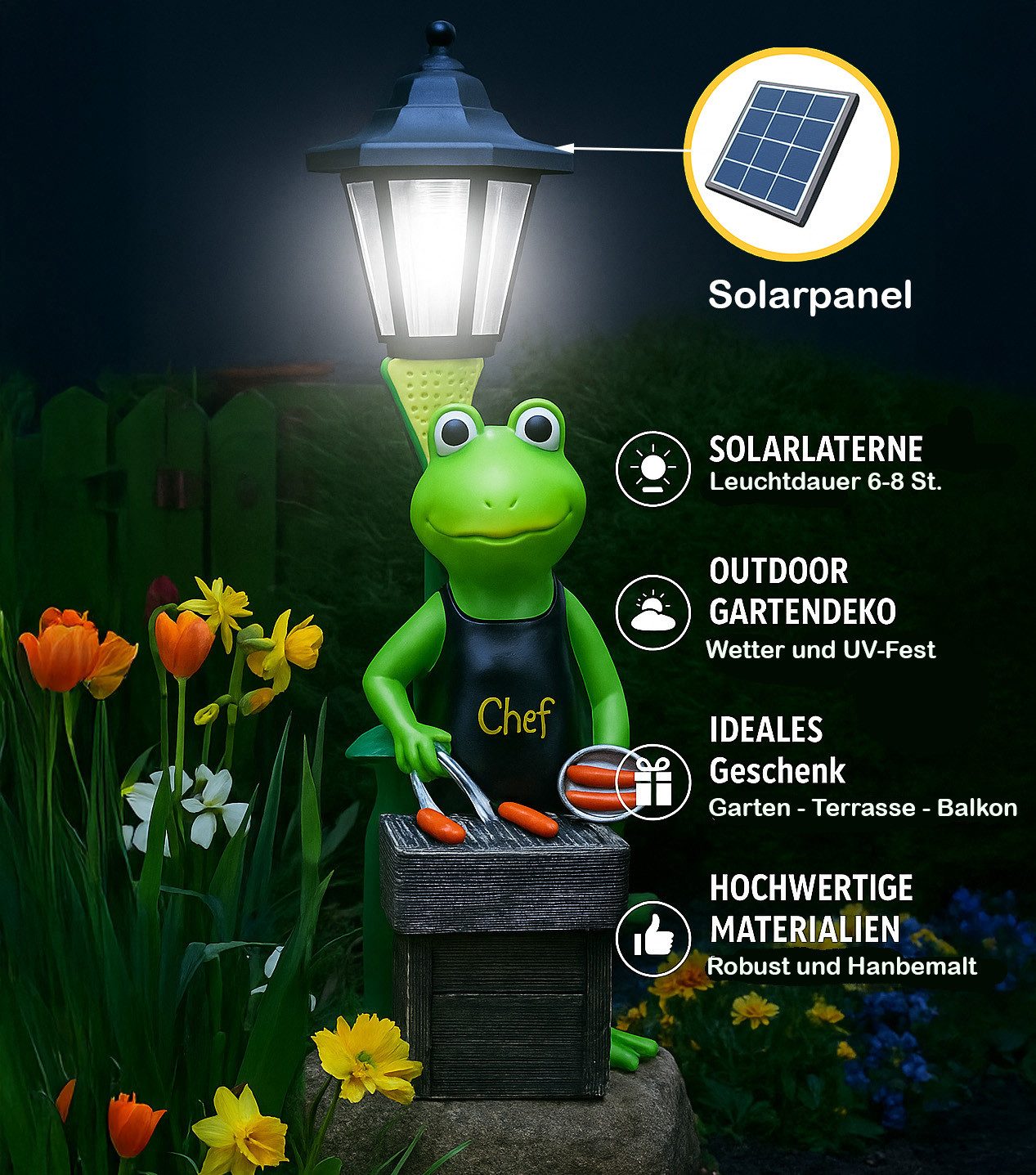 Kremers Schatzkiste Gartenfigur XXL Frosch Grillmeister LED Solarlaterne 42x14cm handbemalt