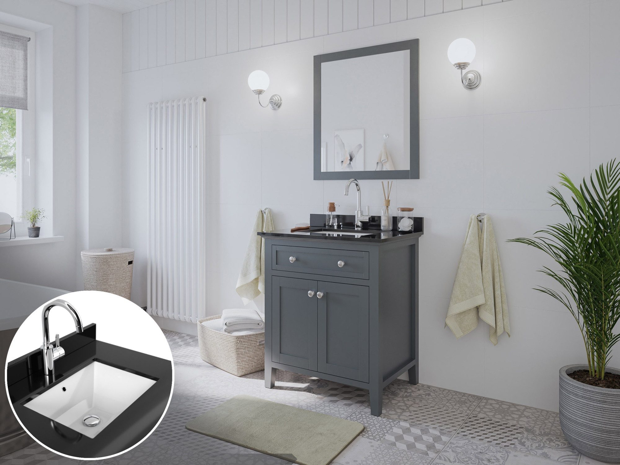 Magnolia Home Badmöbel-Set Landhaus Badmöbel-Set 2tlg Postigo 75 Quarz schwarz montiert grau lack