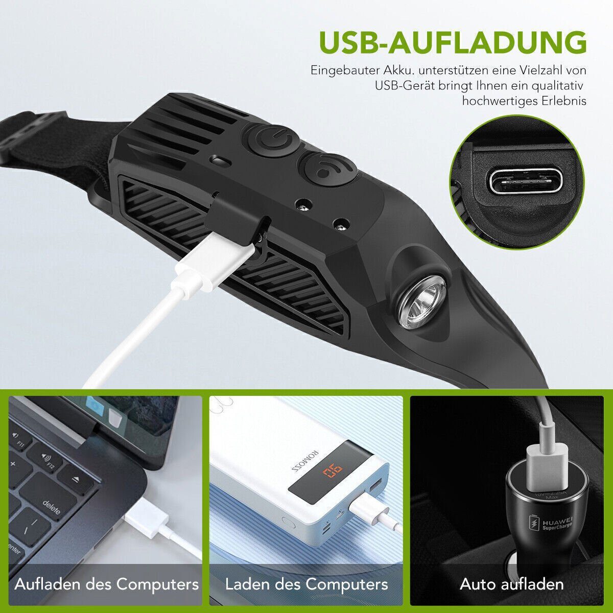 TradeNation LED Stirnlampe LED Stirnlampe Wiederaufladbar Bewegungssensor Kopflampe Scheinwerfer (1-St), 300 Lumen