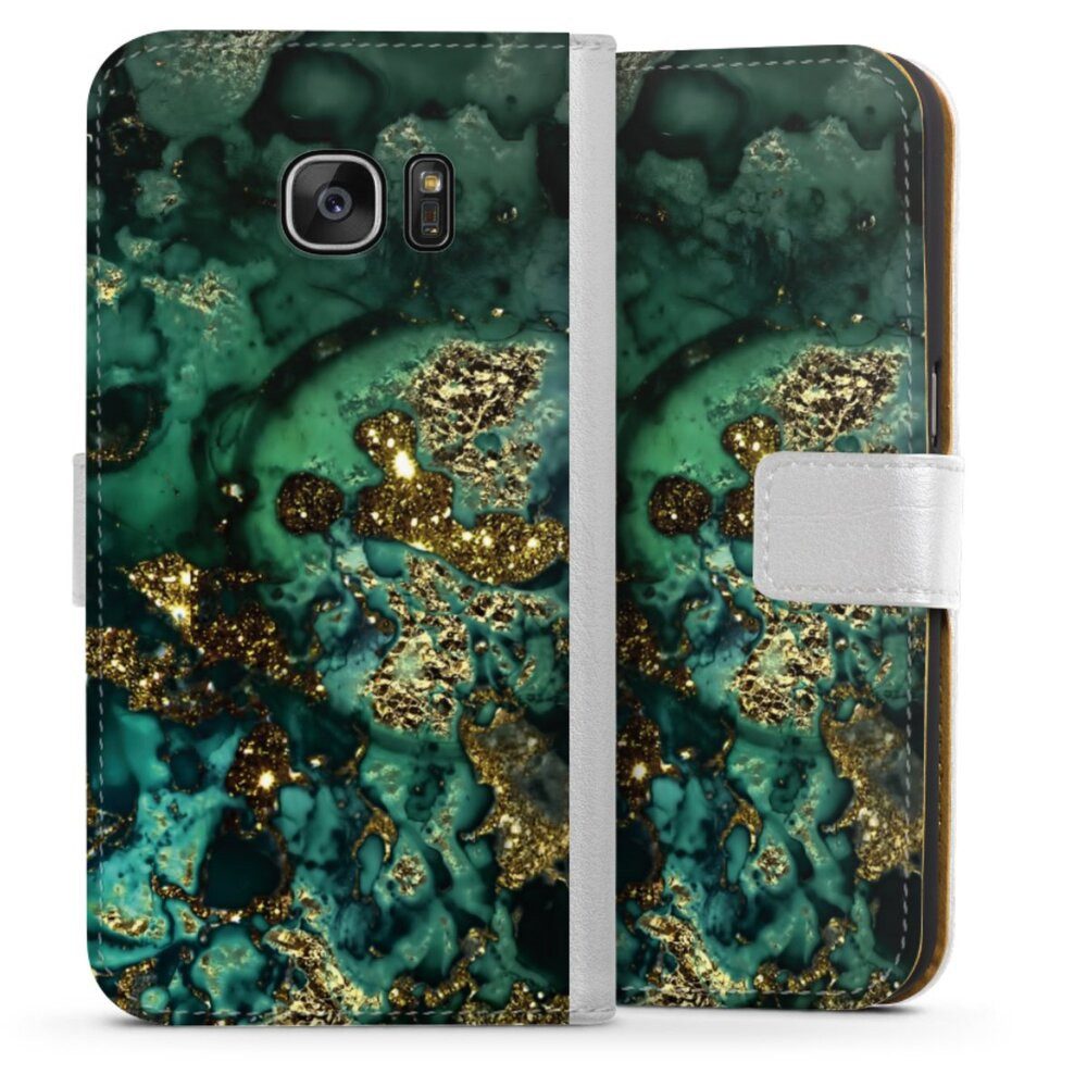 DeinDesign Handyhülle Marmor Glitzer Look Muster Cyan Glitter Marble Look, Samsung Galaxy S7 Hülle Handy Flip Case Wallet Cover Handytasche Leder