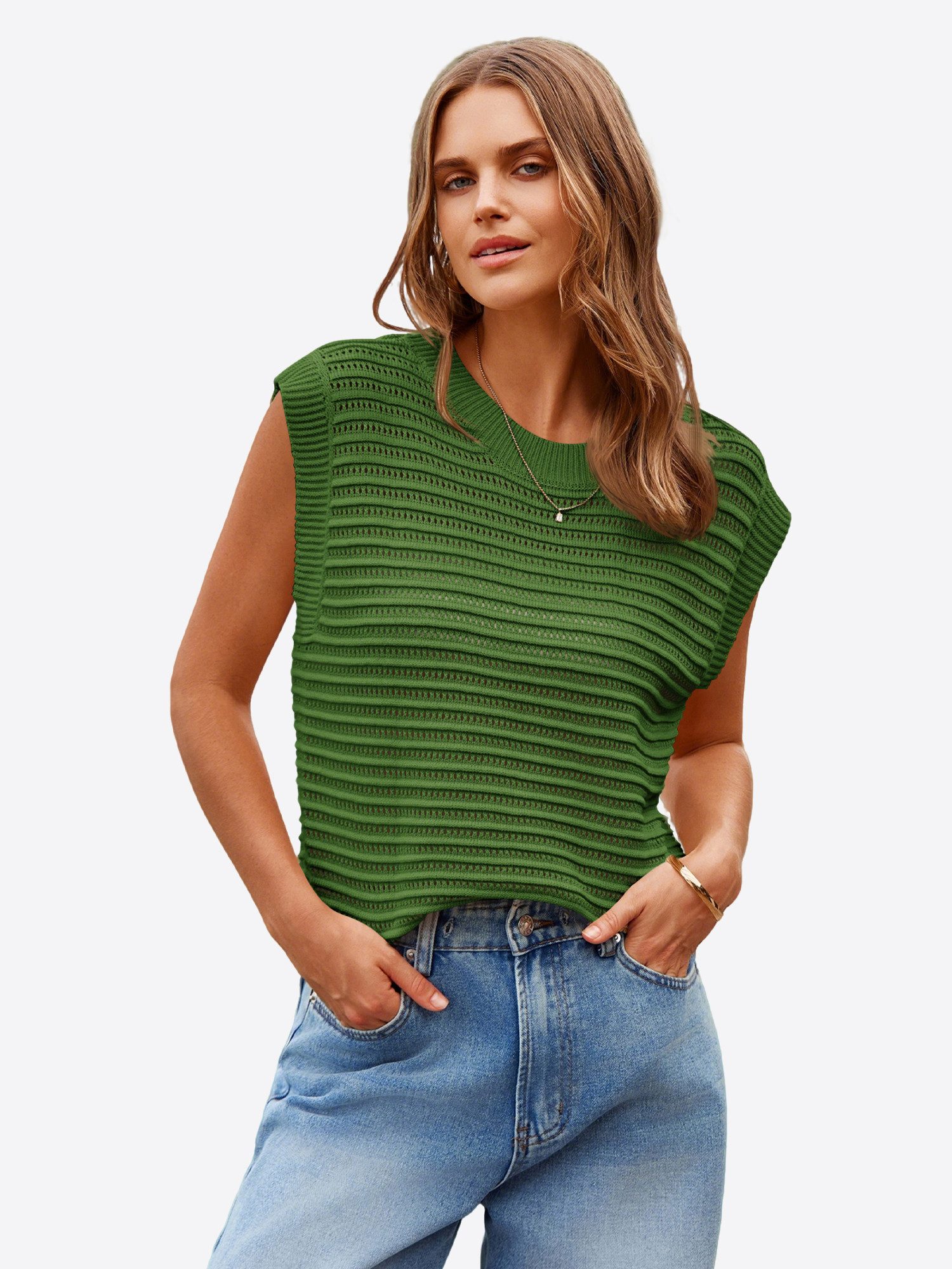 Imily Bela Strickweste Damen Strickweste mit Rundhalsausschnitt (Packung, 1-tlg., 1per-Pack) Gestreiftes Stricken