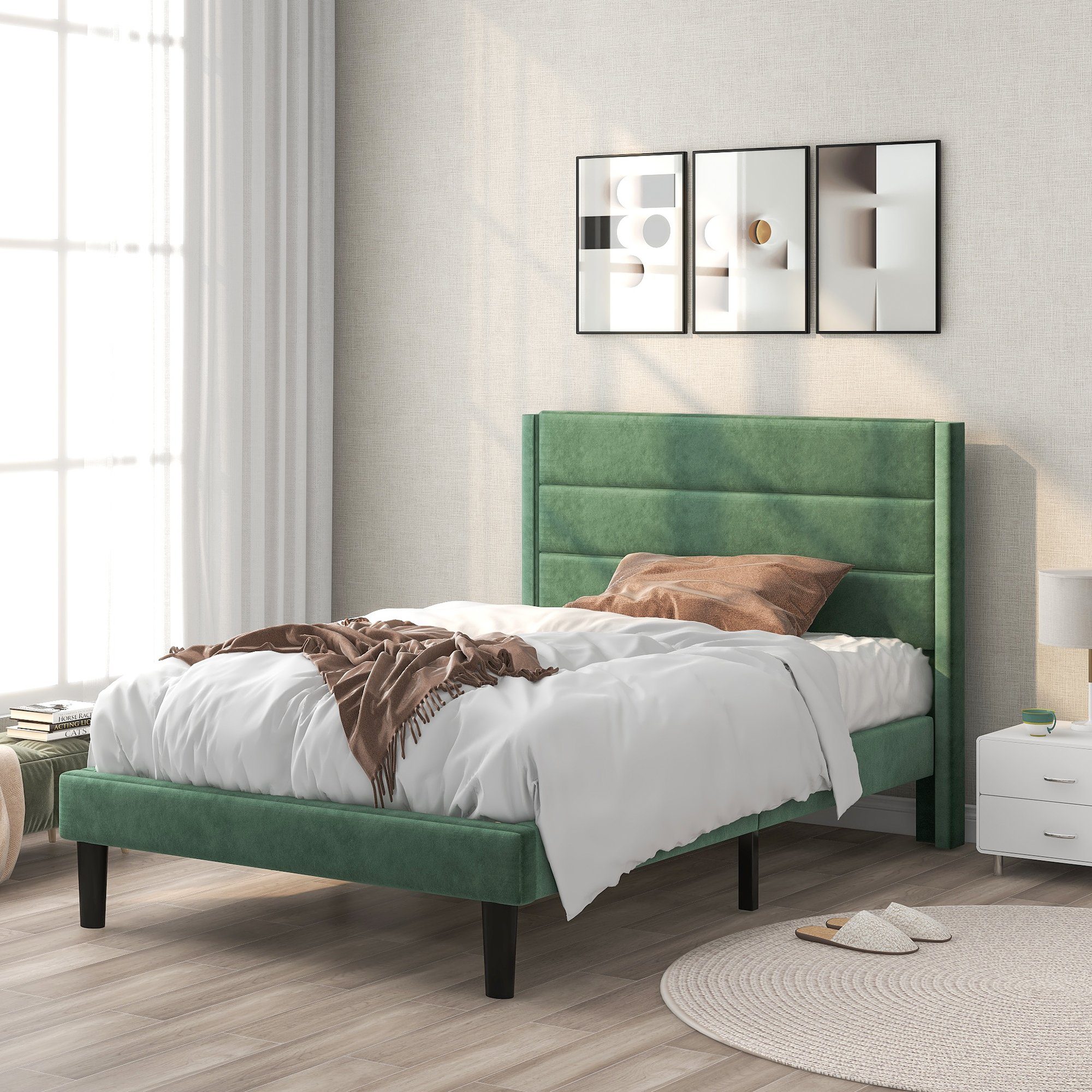 Polsterbett, 90 x 200 cm Einzelbett Jugendbett mit Lattenrost & Kopfteil, Samt