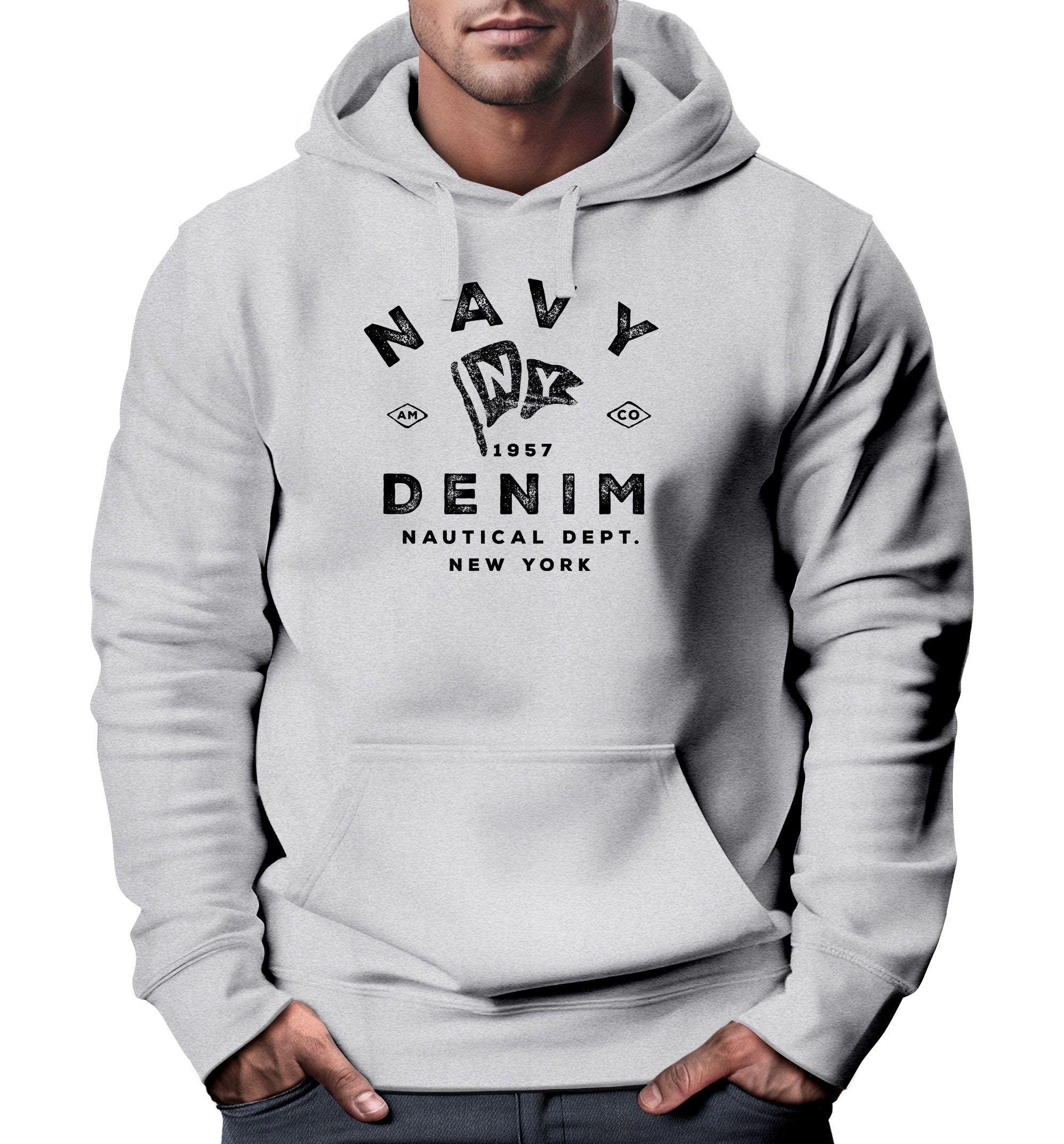Neverless Hoodie Hoodie Herren grau Schriftzug Nautical York Motiv Denim New Kapuzen-Pullover MännerNeverless® Navy vintage