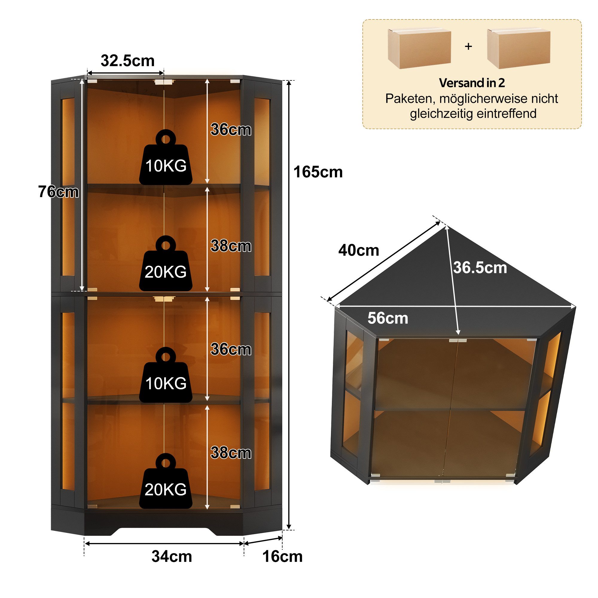 Celya Eckvitrine Glasvitrinenschrank moderner Weinschrank mit LED (4-stufiger Sicherheitsglas-Eckschrank)