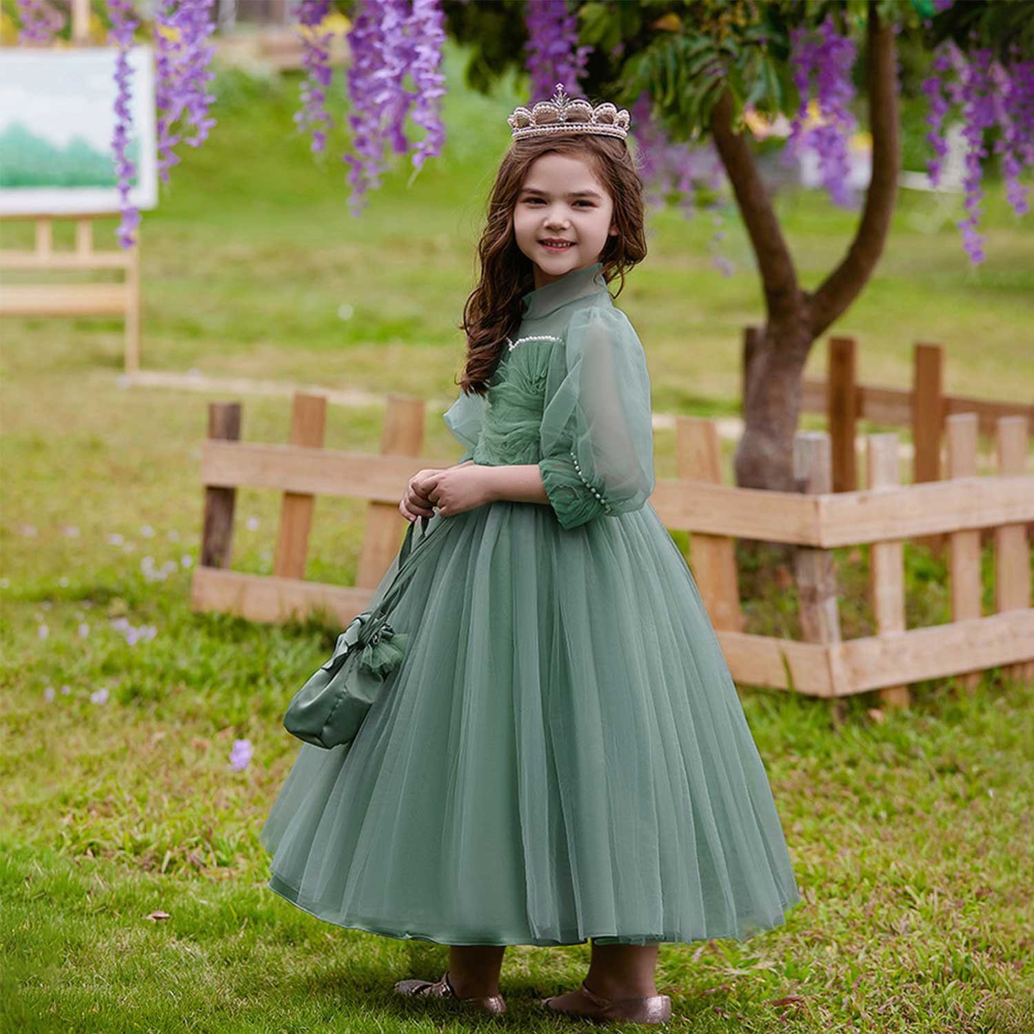 Daisred Tüllkleid Blumenmädchenkleid Grün Prinzessinnenkleid Geburtstagsparty