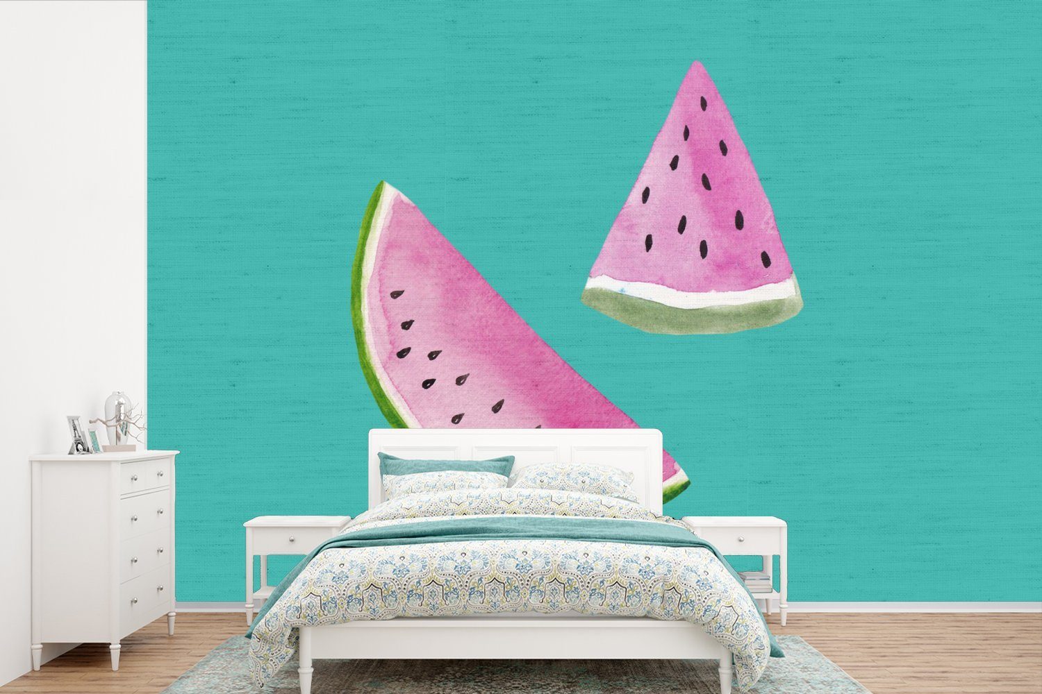 MuchoWow Fototapete Wassermelone - Obst - Blau, Matt, bedruckt, (6 St), Wallpaper für Wohnzimmer, Schlafzimmer, Kinderzimmer, Vinyl Tapete