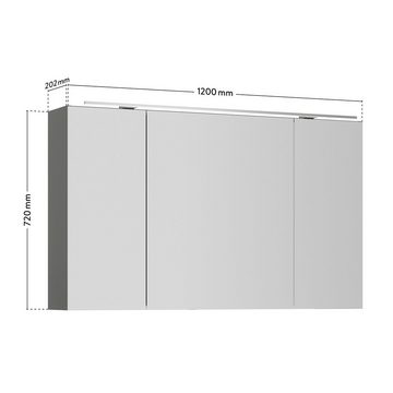 Lomadox Spiegelschrank PALERMO-136-GREY grau 120cm breit mit LED Aufsatzleuchte edelstahlfarben 120/72/21 cm