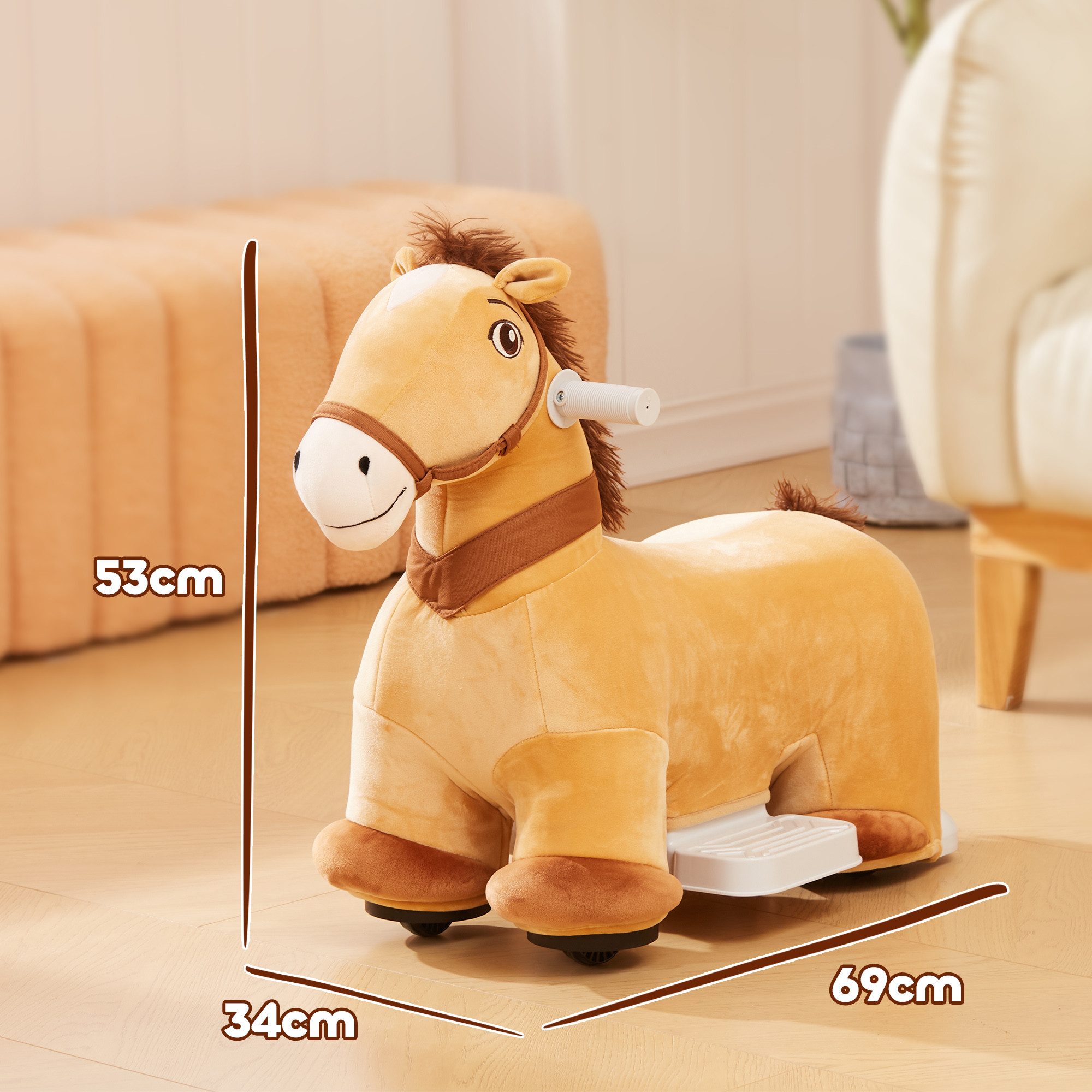 AIYAPLAY Reittier 6V, in Pferdform, 2 km/h, mit Musik, Fußpedal, für Kinder 1,5-3 Jahre, Braun