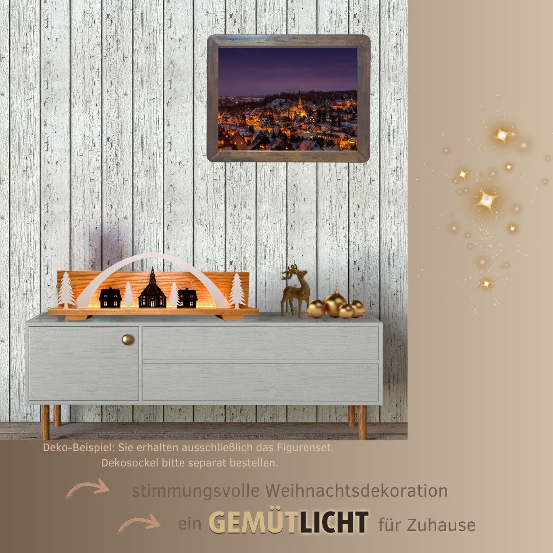 Weigla Dekofigur Фигуркиset "Seiffen" für WEIGLA Dekosockel, aus Holz (Set, 8 St., Bogen, Seiffener Kirche, 2 Häuser, 2 große & 2 kleine Bäume), Erzgebirge garantiert, Deko für Weihnachten und das ganze Jahr