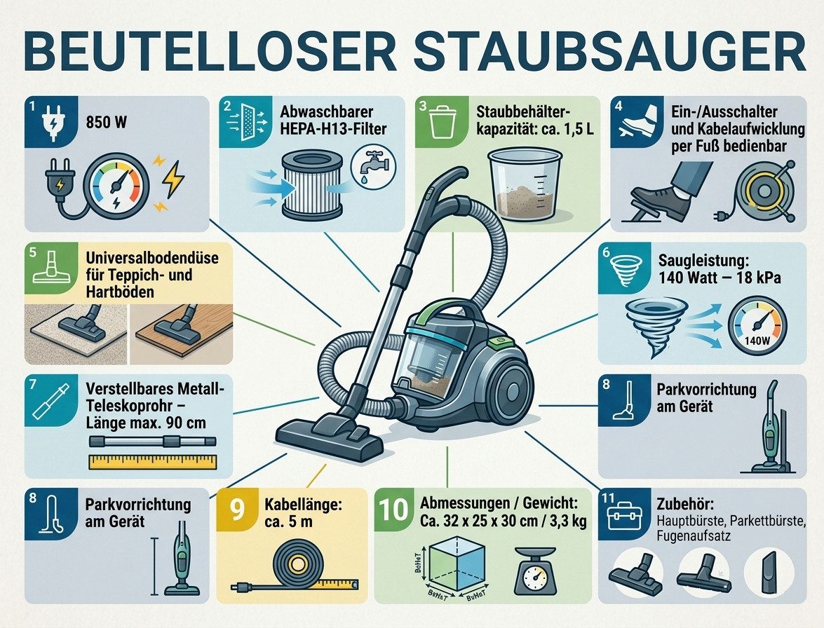 Ambiano Bodenstaubsauger Beutelloser Staubsauger, Zyklon-Bodenstaubsauger, 850 W, 850 W, beutellos, abwaschbarer HEPA-H13-Filter, inkl. Parkettbürste & Fugenaufsatz