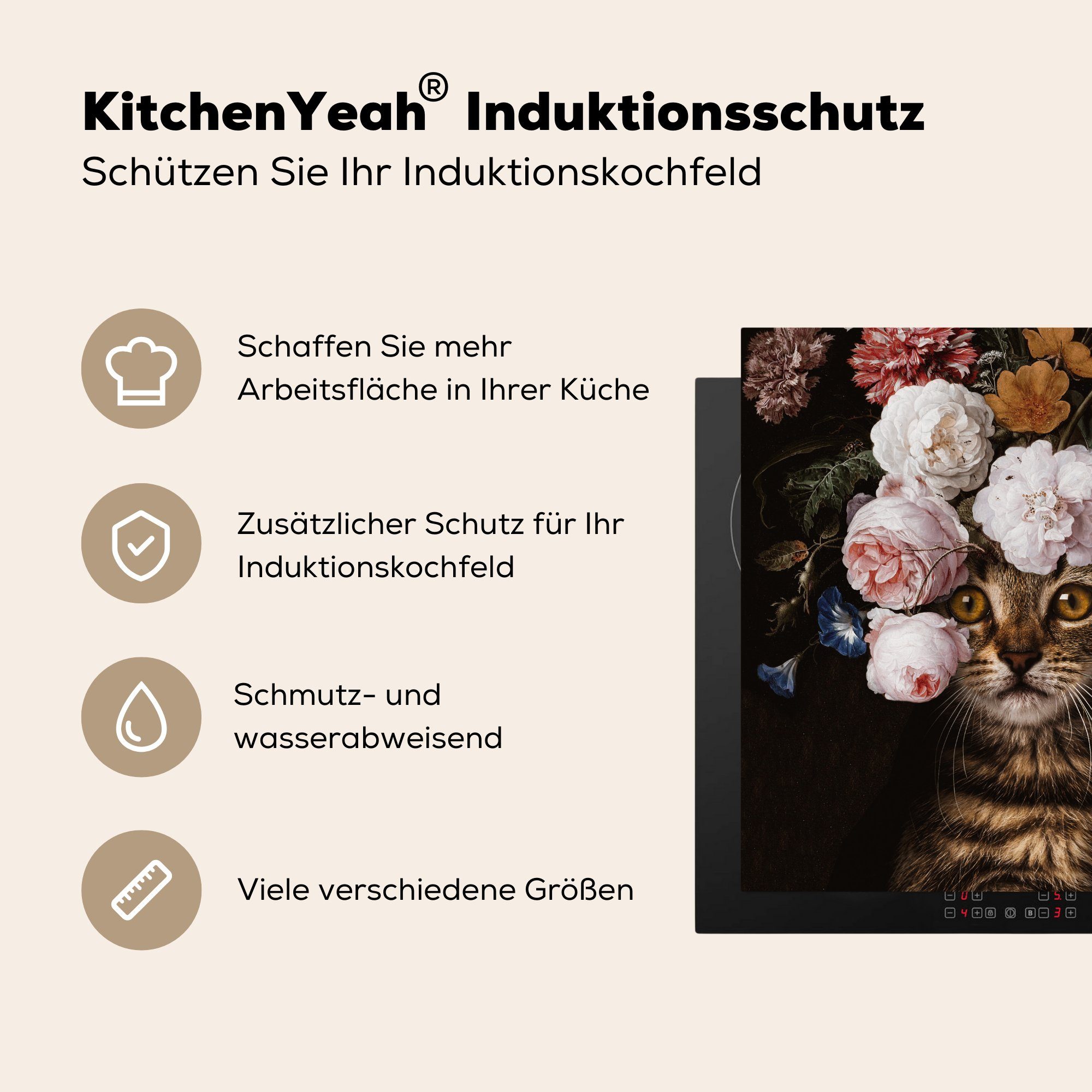 MuchoWow Herdblende-/Abdeckplatte Katze - cm, Ceranfeldabdeckung, - Blumen Haustier, (1 Arbeitsplatte für Vinyl, tlg), 78x78 küche