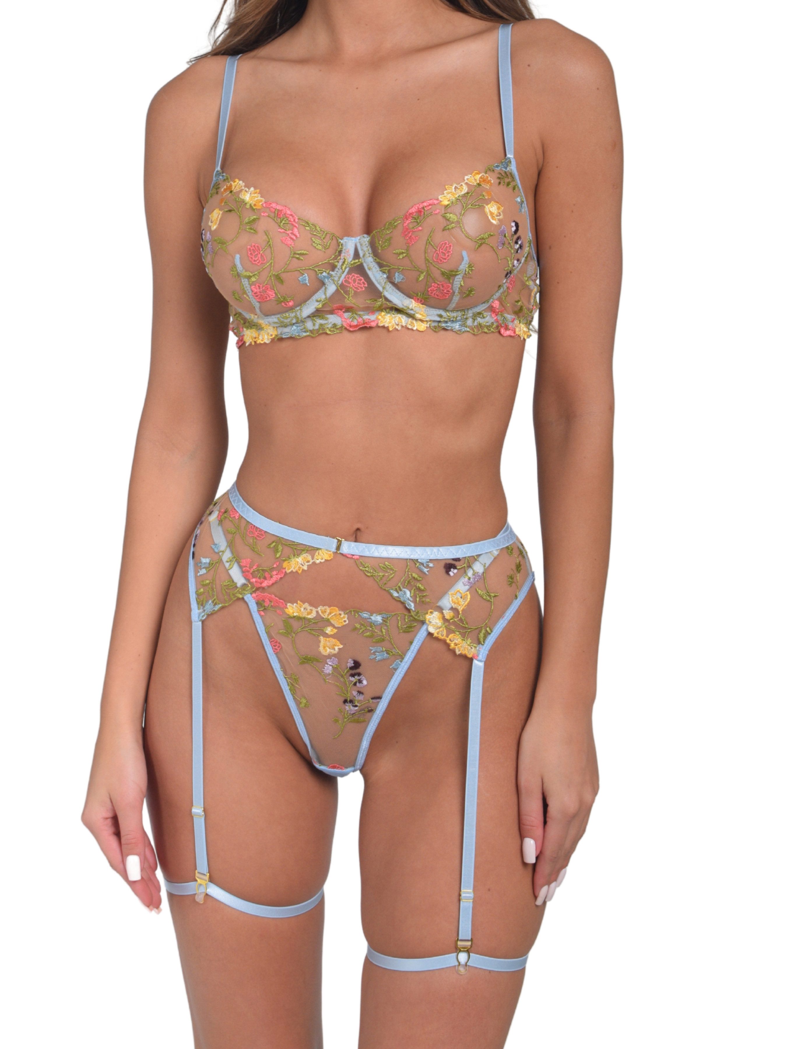 Elegant Love Set: Bügel-BH bestickertes Dessous-Set, BH-Set mit Strumpfhalter (Set, 5-tlg., Spitze Bralette BH + G-String Tanga + Strumpfgürtel) Unterwäsche-Set für Damen, sinnliche Reizwäsche