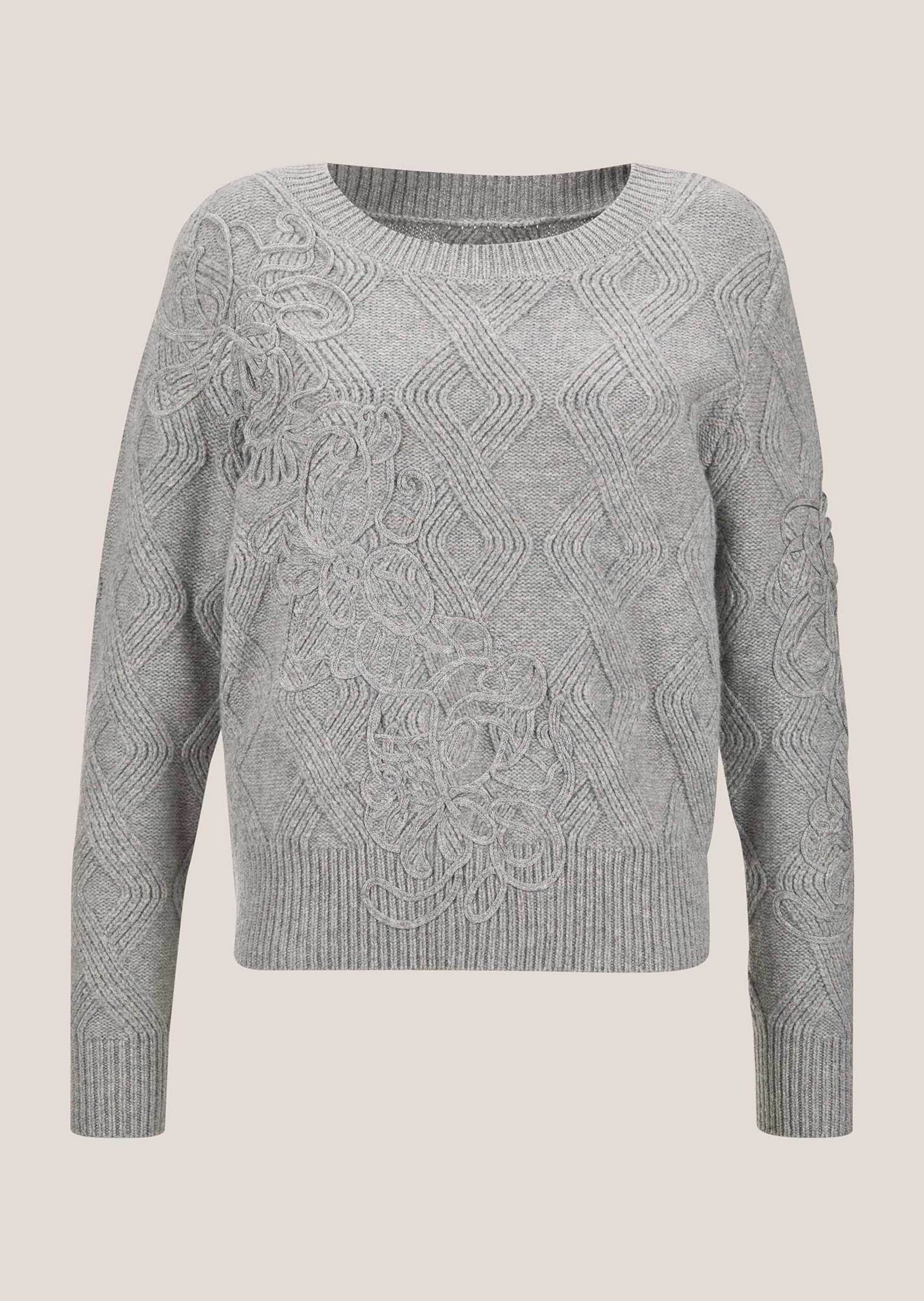 MADELEINE Strickpullover Rundhals-Wollpullover mit Kordelstickerei Schurwollpullover mit Rundhals, kunstvoll verstrickt, langärmelig