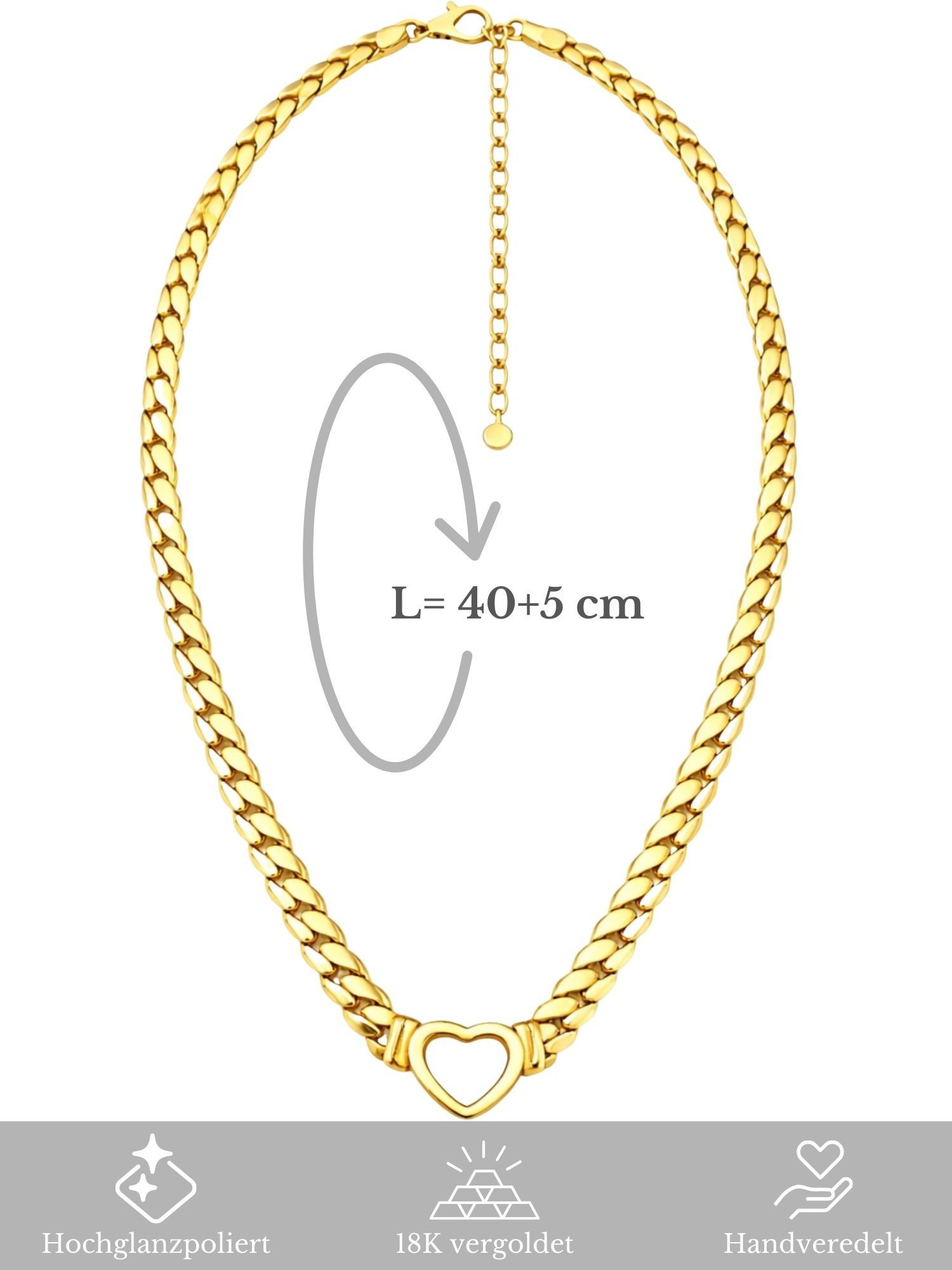 BS Schmuckdesign Herzkette Halskette Damen Panzerkette Herzanhänger 18K vergoldet (inkl. Geschenkbox), 18K vergoldet, hypoallergen & wasserfest – Bild 5 von 5
