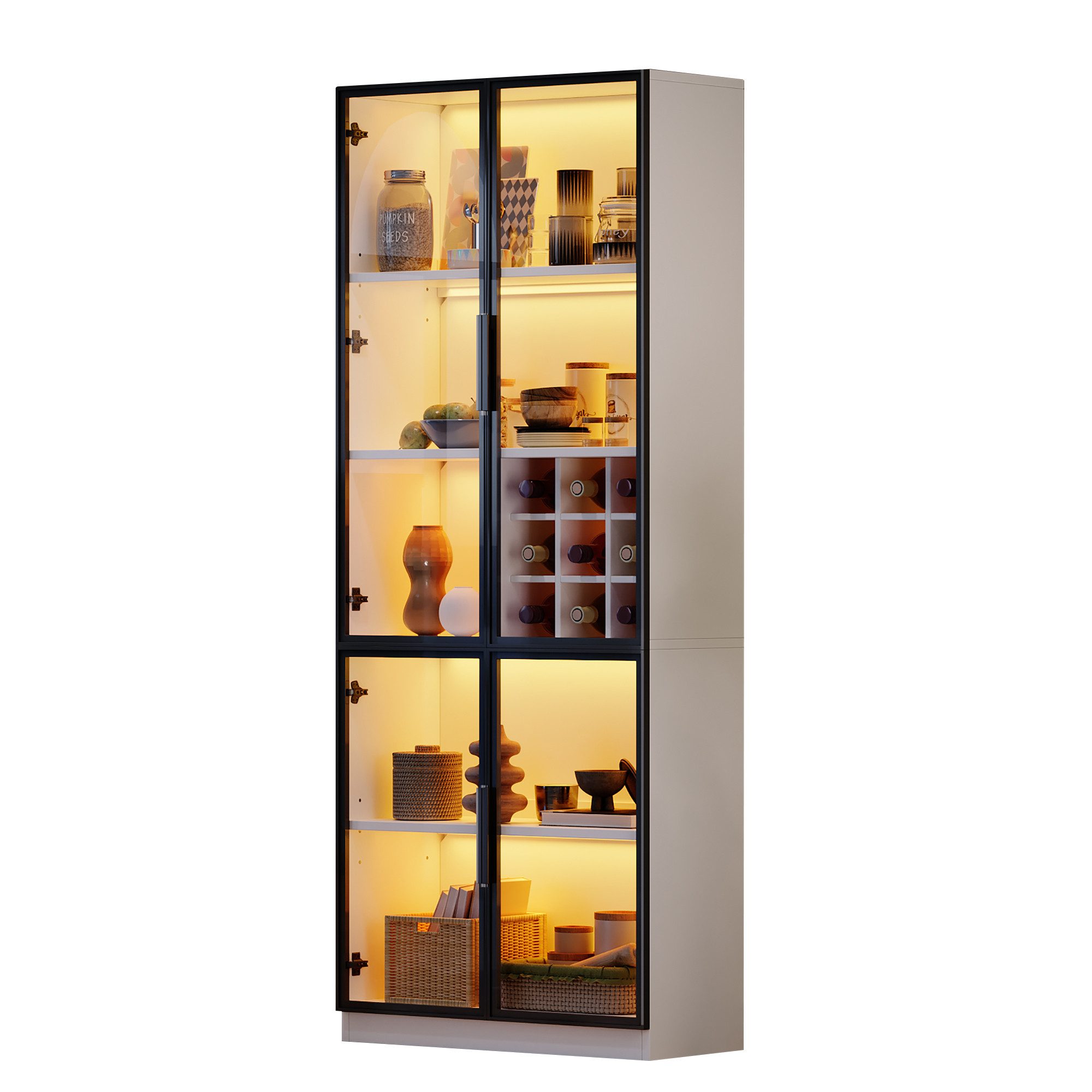 Merax Glasvitrine Standvitrine Hochschrank mit LED-Beleuchtung & 5-stufiger Stauraum (Weinschrank Sideboard Hochschrank, 1-St) Vitrine mit 2 Glastüren, Glasregal & integriertem Weinfach,80x35x200cm