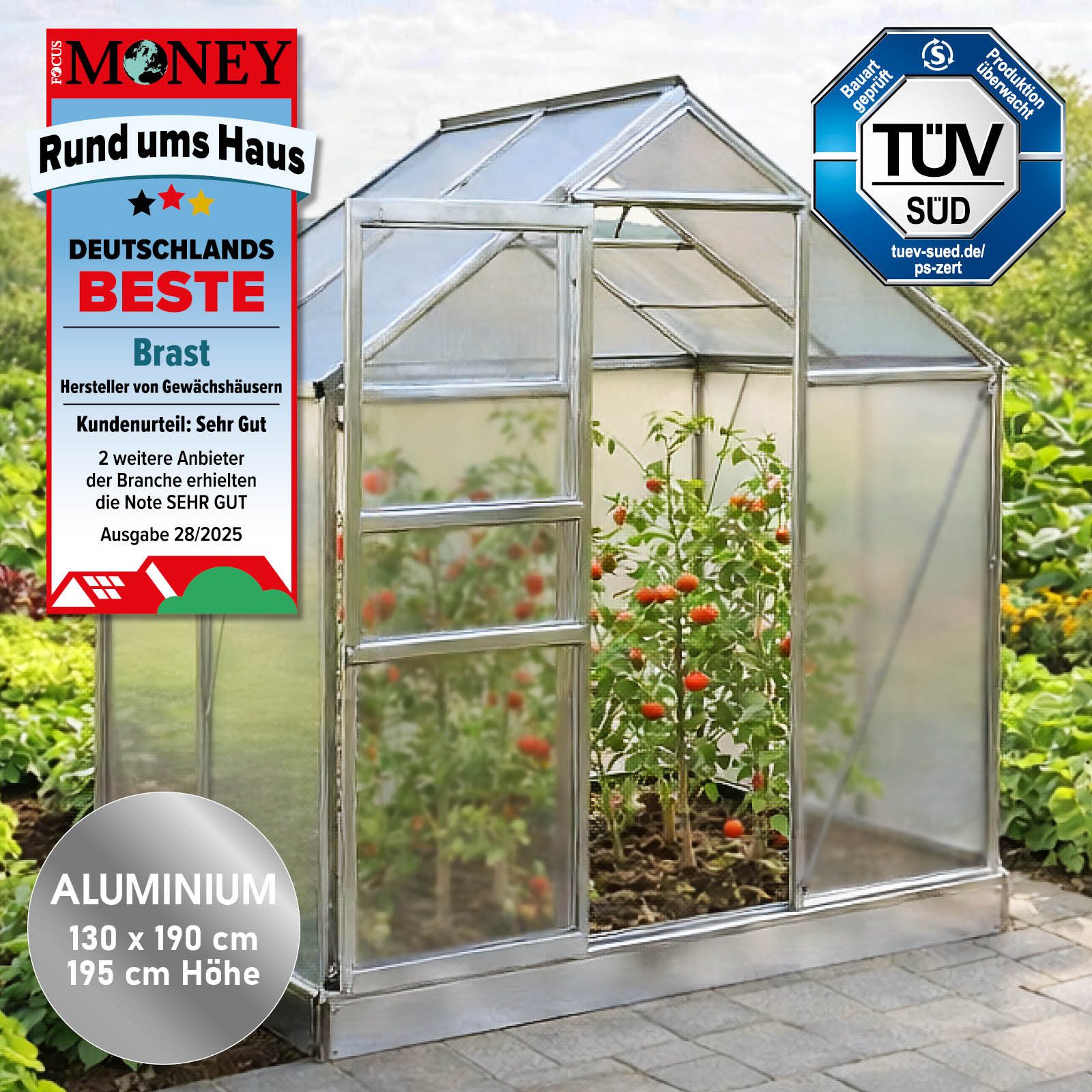 BRAST Gewächshaus Aluminium mit Fundament rostfrei 130x190x195cm, BxTxH: 190 x 130 x 195 cm, wetterfestes hochwertiges Aluminium, Temperaturbeständig, Wärmedämmend, Lichtbrechend & UV-stabilisiert