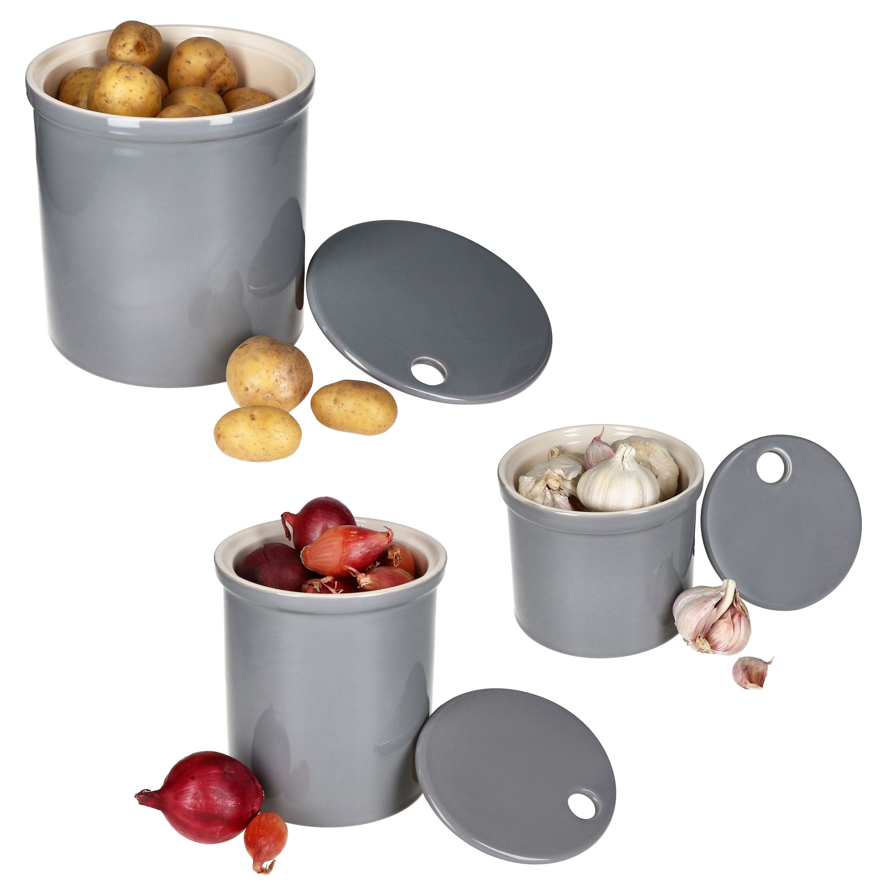 MamboCat Vorratsglas 3er Set Oskar Vorratsdose S M & L in Grau Kartoffeln Zwiebeln, Ton