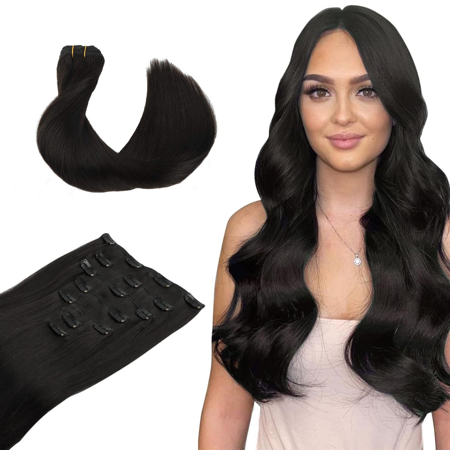 Wennalife EchthaarExtension Clip in Extensions,Natürliches Schwarz