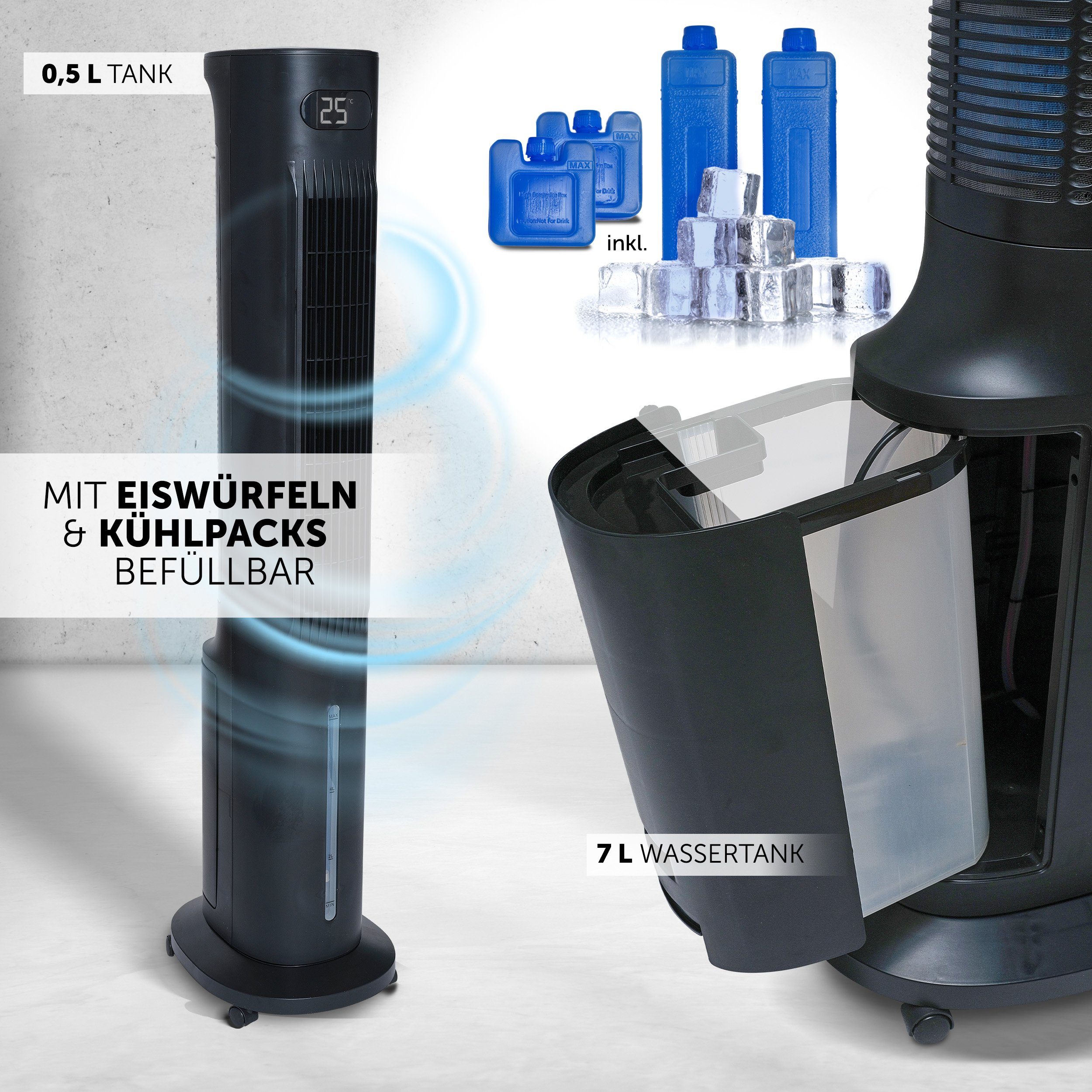 4 Turmventilator mit inkl. Wassertank und 7,6 - Wasserkühlung, Johannson Luftkühler l Schwarz Kühlpads Fernbedienung ICETOWER mit