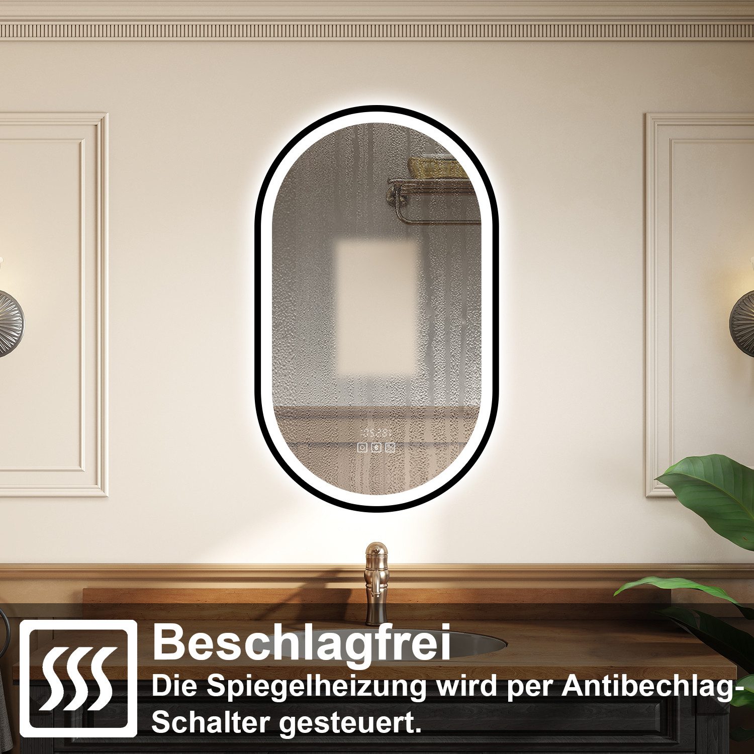 duschspa Badspiegel mit LED Beleuchtung Kalt/Neutral/Warmweiß dimmbar Beschlagfrei, Bluetooth 5.0, Uhr – Bild 3 von 5