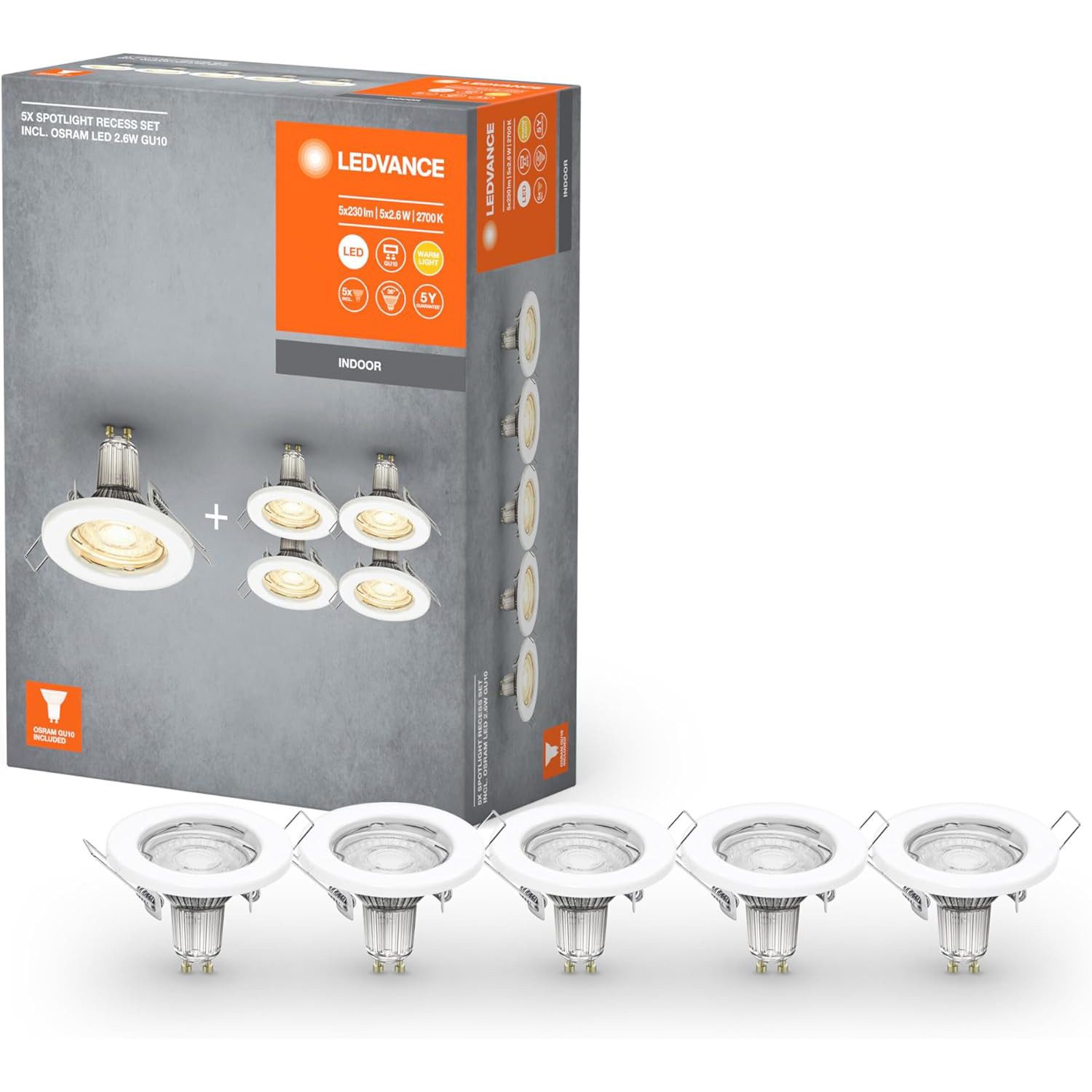 Ledvance Deckenspots 5ER Ledvance Spotlight Reflektor Lampe 2,6W, Leuchtmittel, Warmweiß, Einbaustrahler GU10 Decken Leuchte