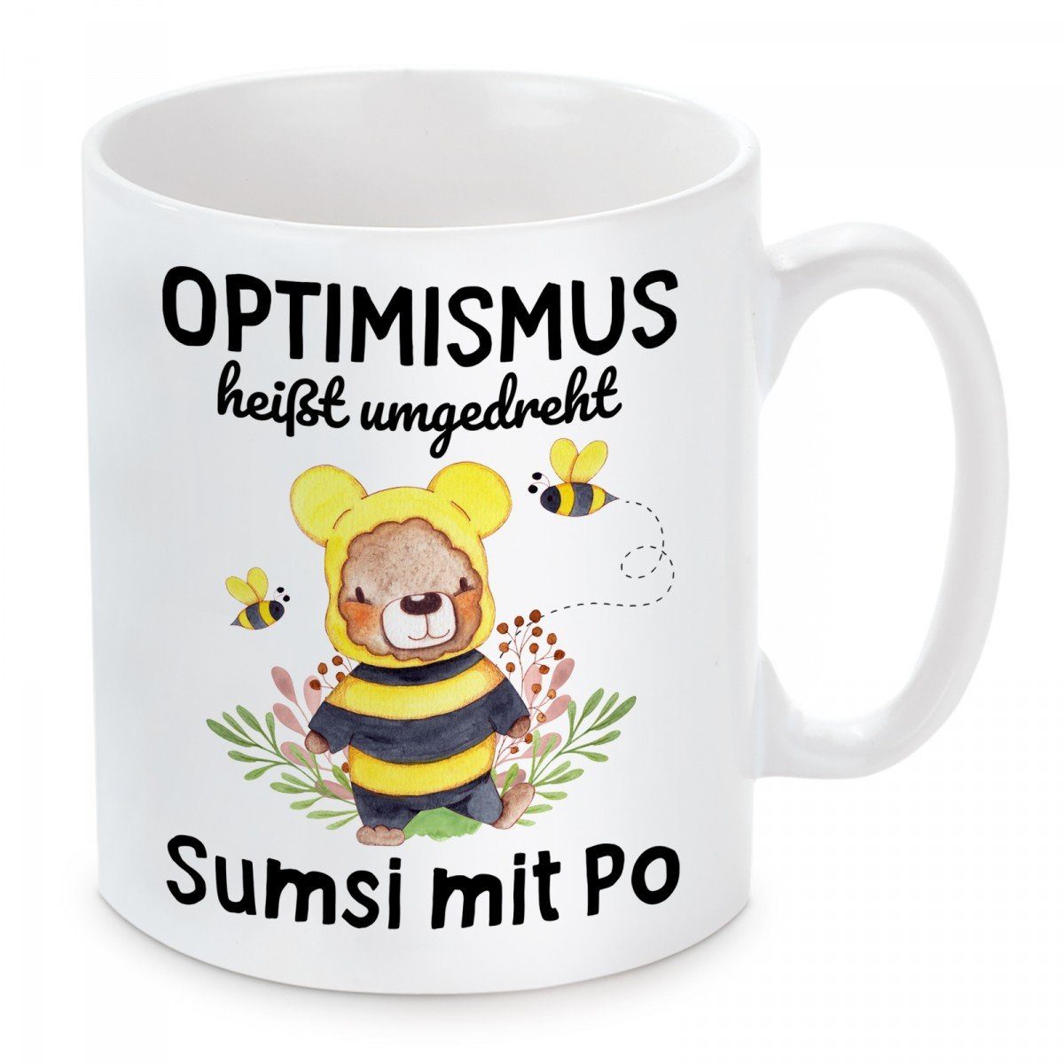 Herzbotschaft Tasse Kaffeebecher mit Motiv Optimismus heißt umgedreht Sumsi mit Po, Keramik, Kaffeetasse spülmaschinenfest und mikrowellengeeignet